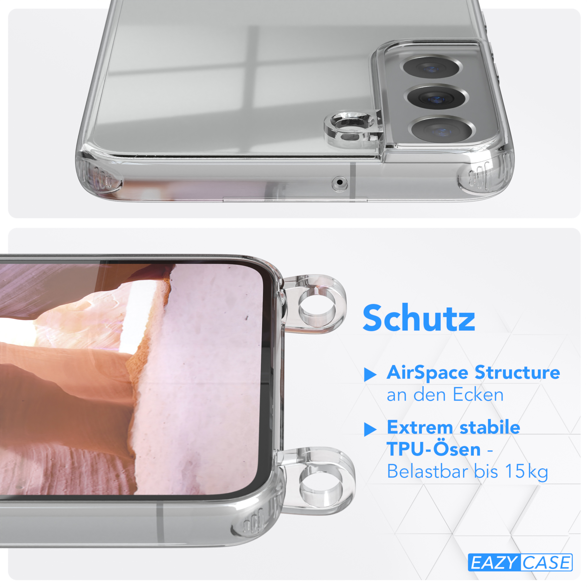 Transparente Handyhülle. Text: AirSpace Structure, TPU-ösen, und EAZY CASE Logo.