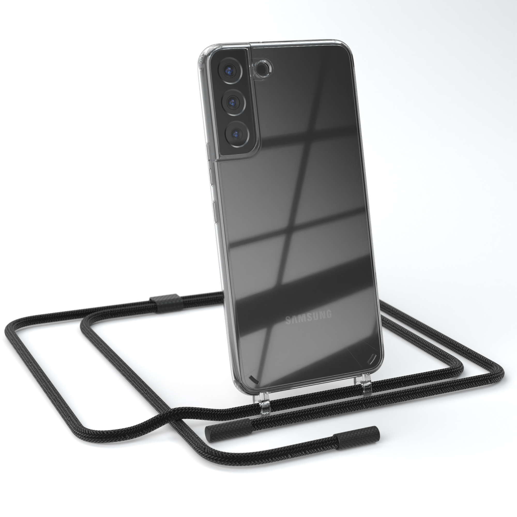 Transparente Handyhülle mit schwarzem Umhängeband. Weißer Hintergrund. Telefon hat mehrere Kameras.