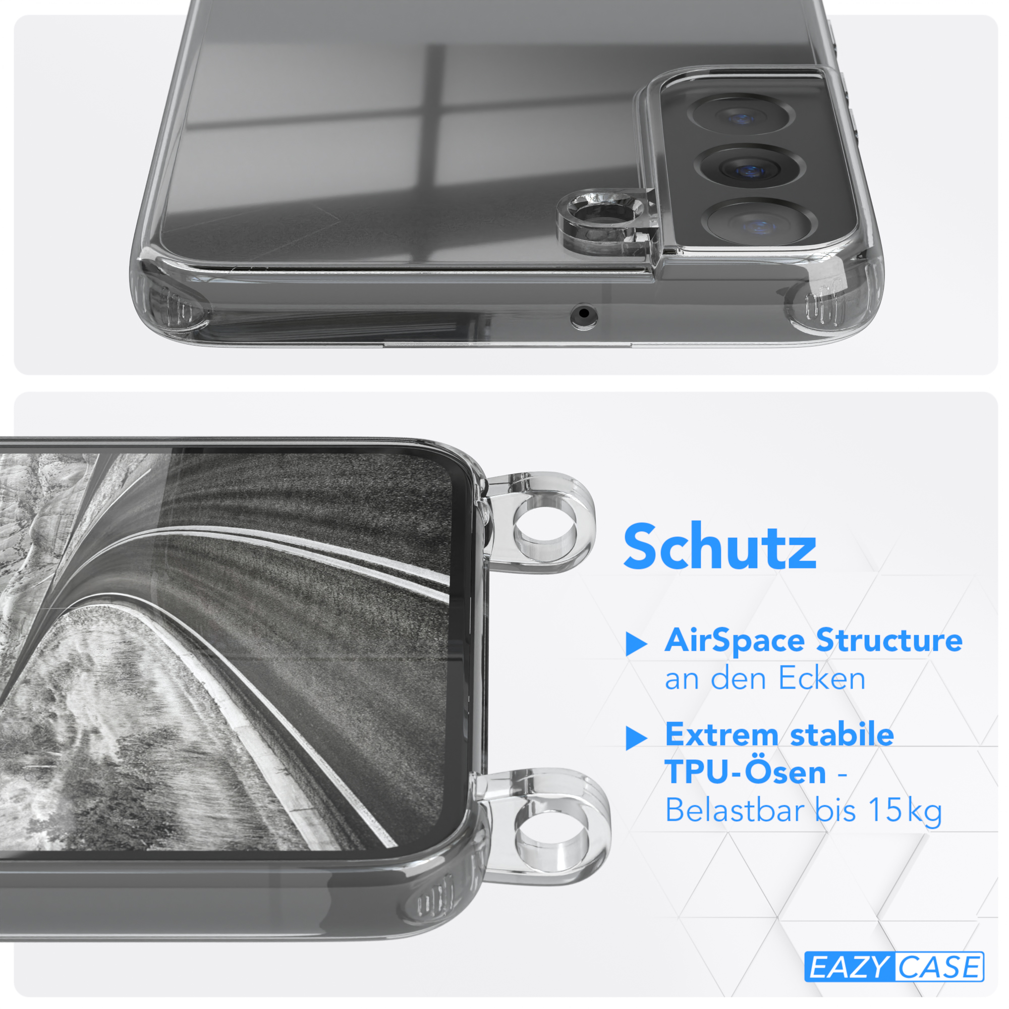 Nahaufnahme einer transparenten Handyhülle mit Text: Schutz und Details: AirSpace Structure, etc.