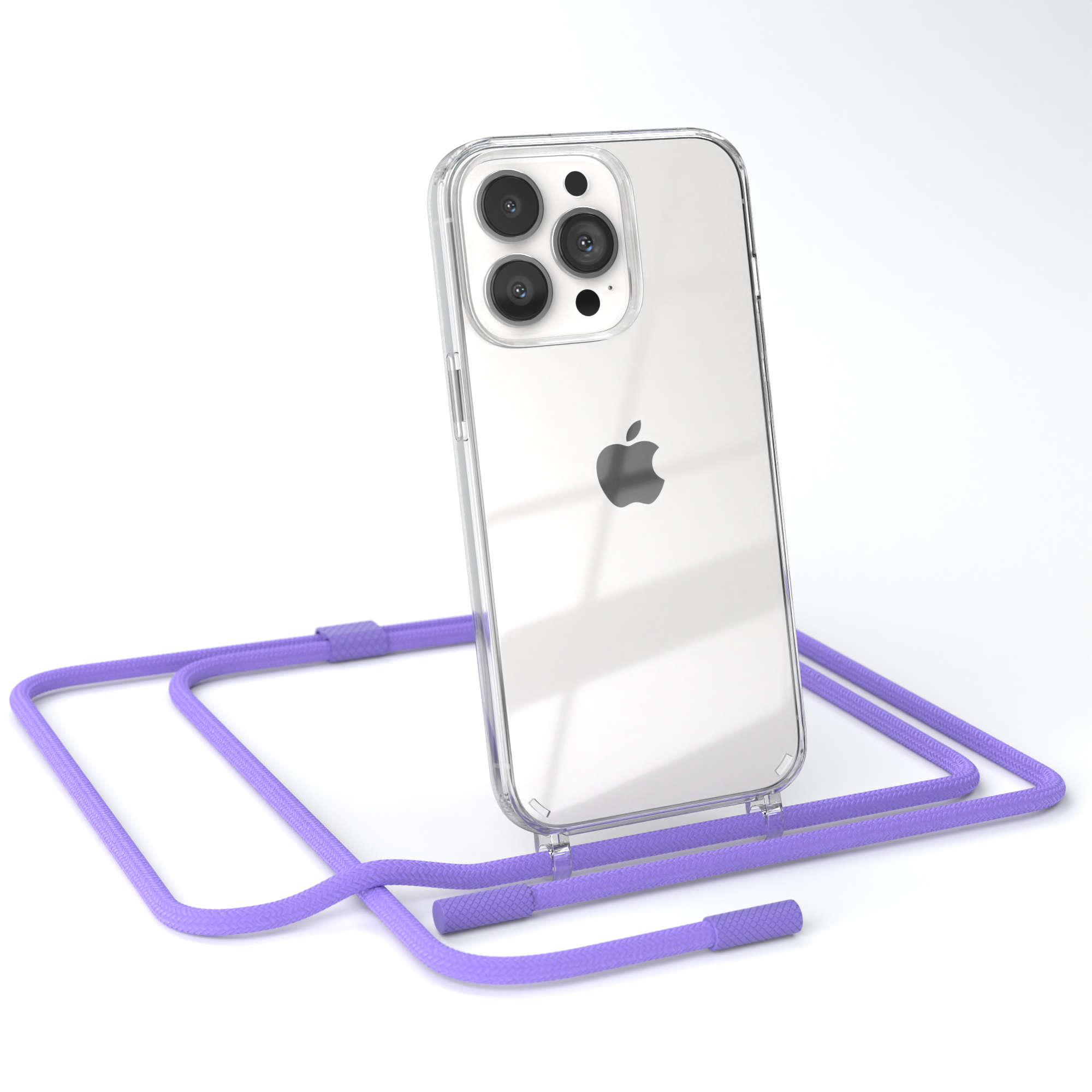 Transparente Handyhülle mit lila Kordel. Apple iPhone sichtbar. Weißer Hintergrund.