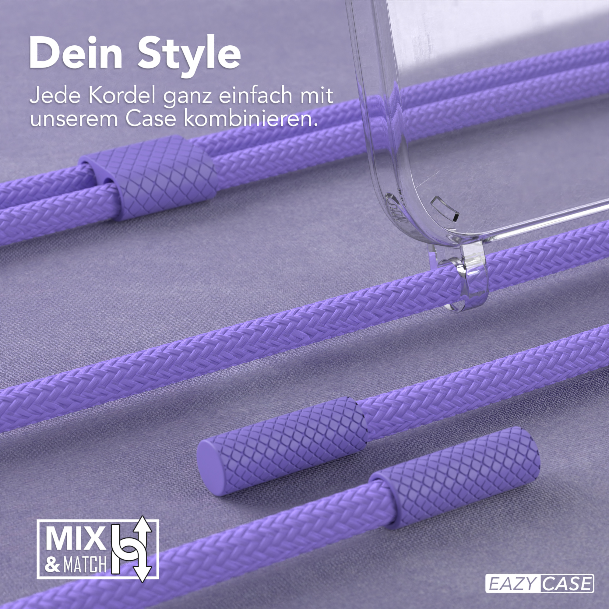 Lila geflochtene Kordeln und eine transparente Handyhülle.