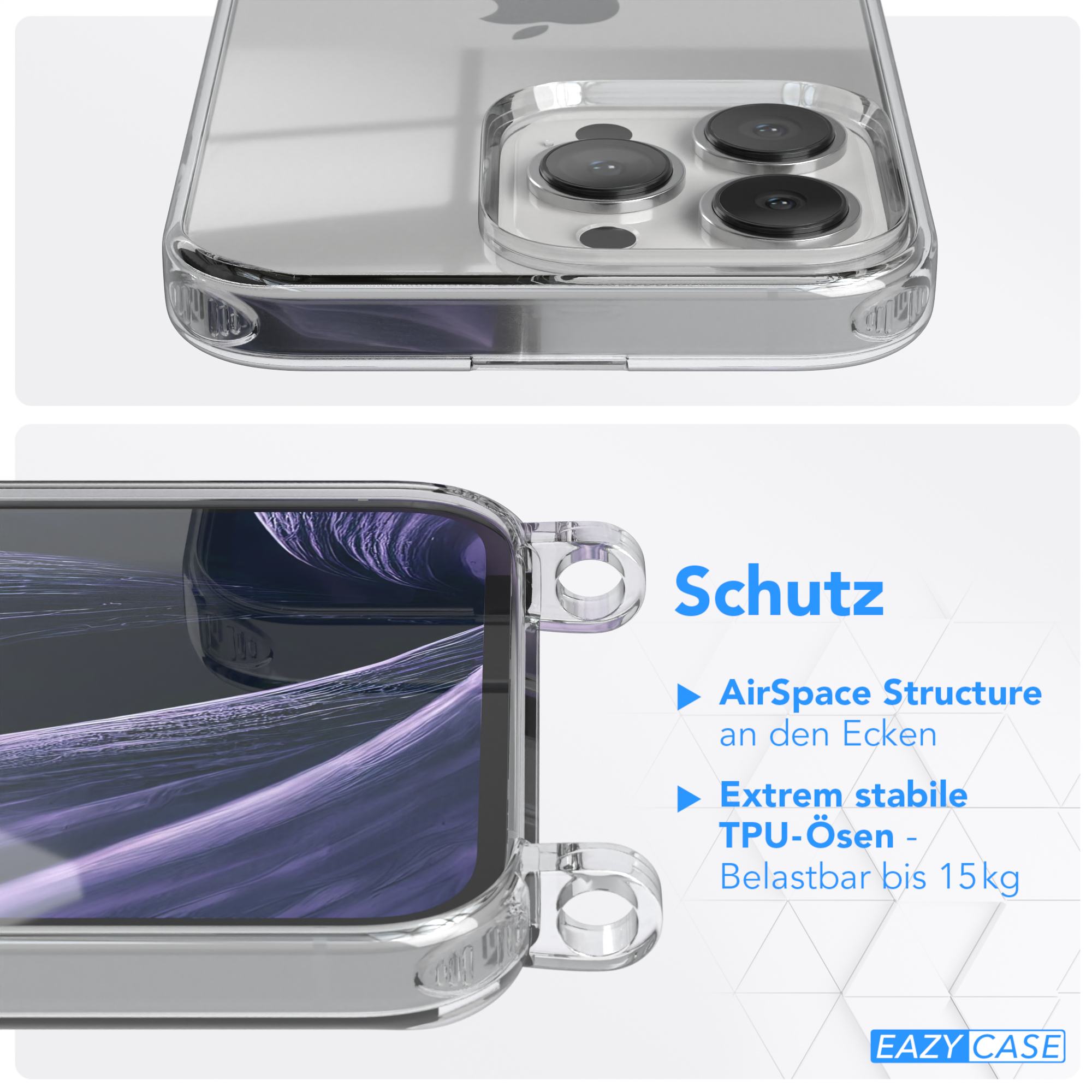 Nahaufnahme einer Handyhülle, die Ecken und Kanten zum Schutz zeigt. Die Hülle ist transparent.
