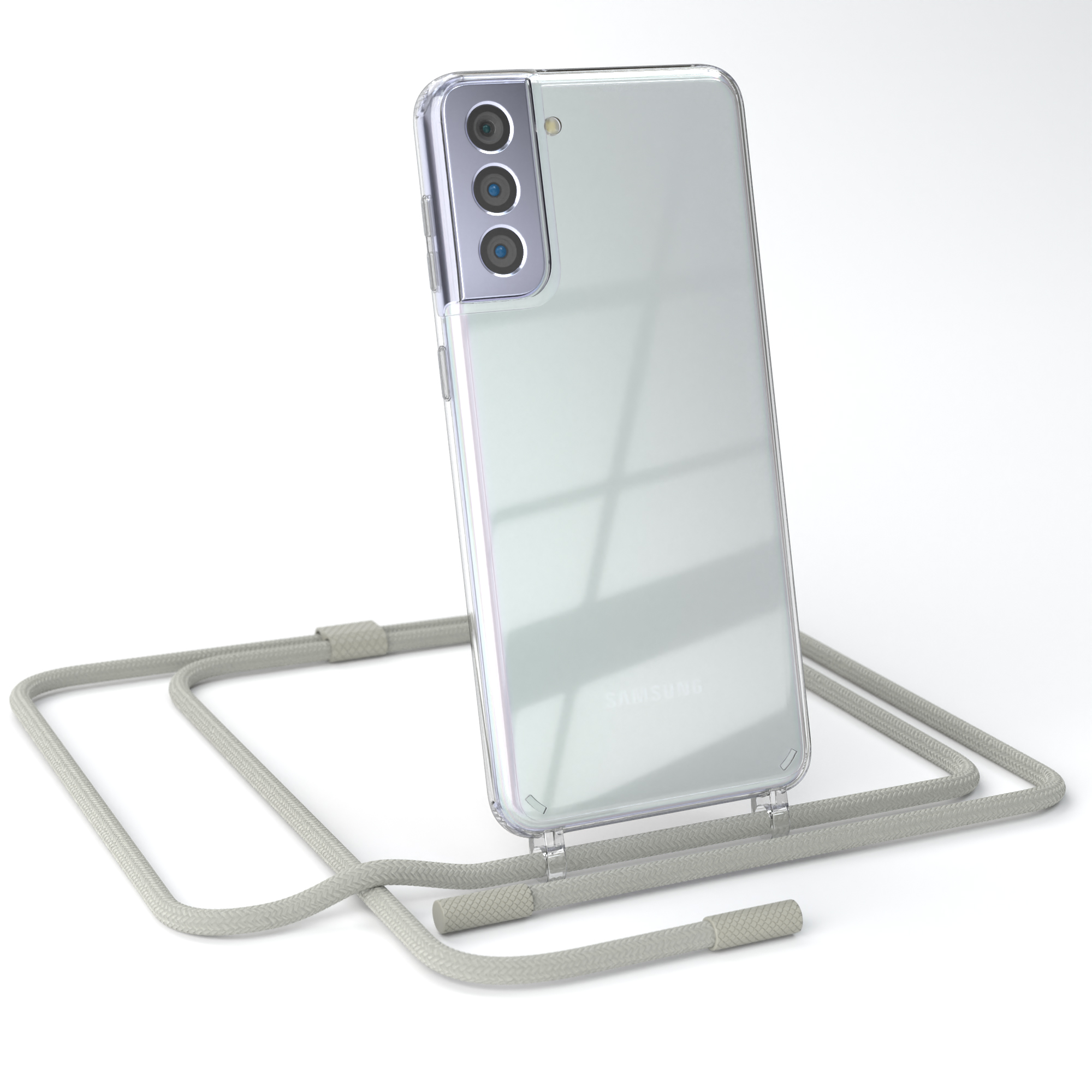 EAZY CASE Samsung, S21 Transparente mit Umhängetasche, runder / Galaxy Kette Handyhülle 5G, Plus Taupe unifarbend, Grau Beige