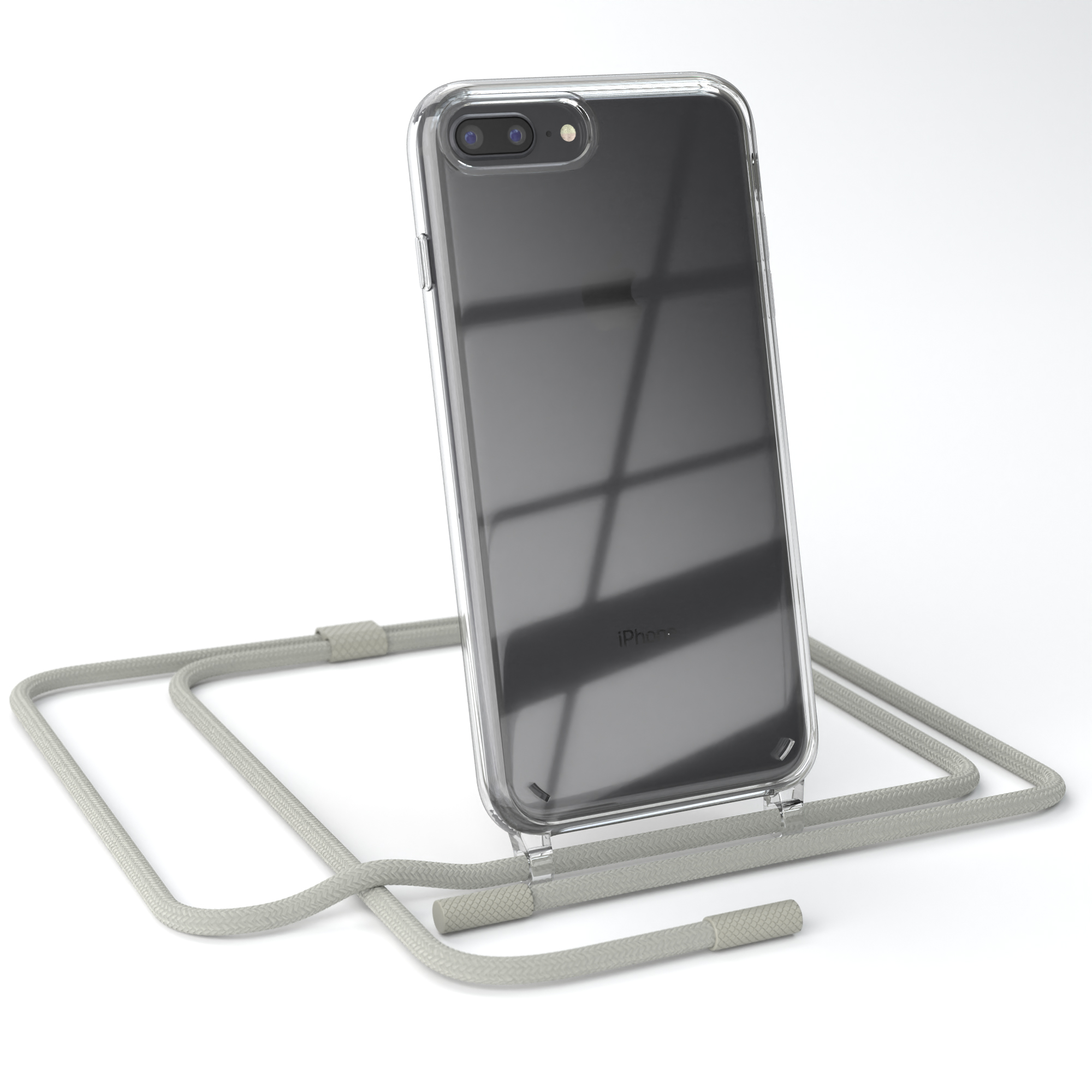 Transparente Handyhülle auf einem iPhone mit grauem Umhängeband. Weißer Hintergrund.