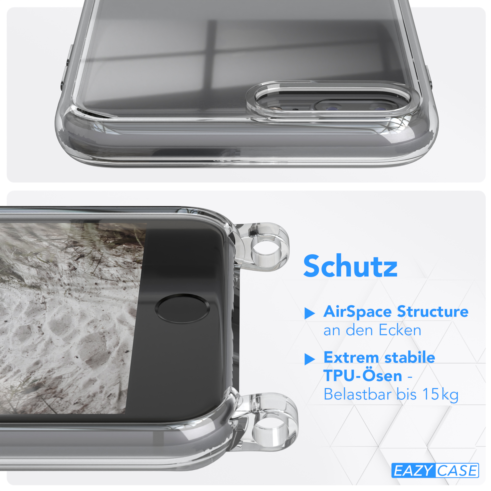 Eine transparente Handyhülle über einem Handy. Der Text lautet "AirSpace Structure" und "TPU-Ösen".