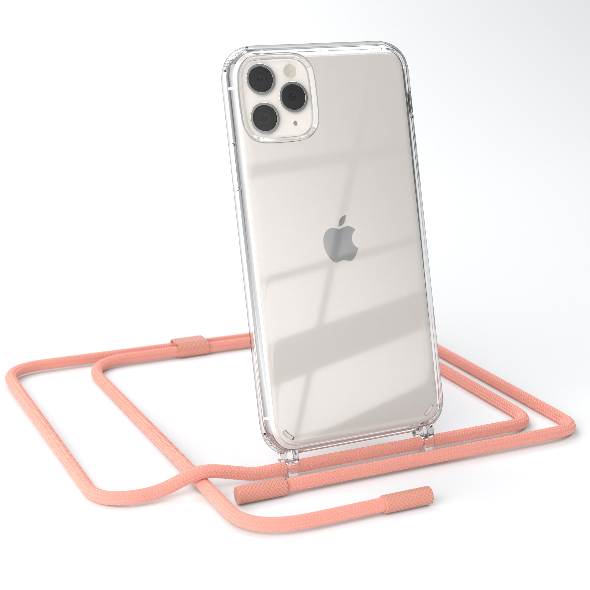 Transparente Handyhülle mit pfirsichfarbenem Lanyard auf weißer Oberfläche. Telefon hat drei Kameras.