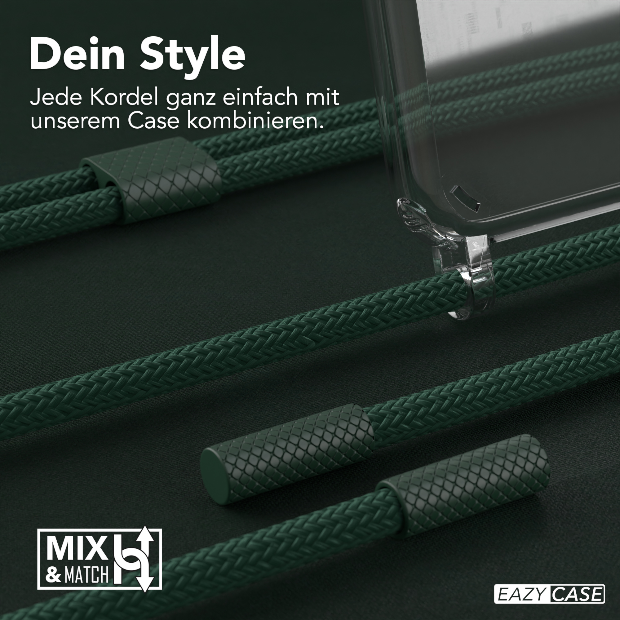 Nahaufnahme einer Handyhülle mit einigen Schnüren. Text über das Produkt ist auf dem Bild geschrieben.