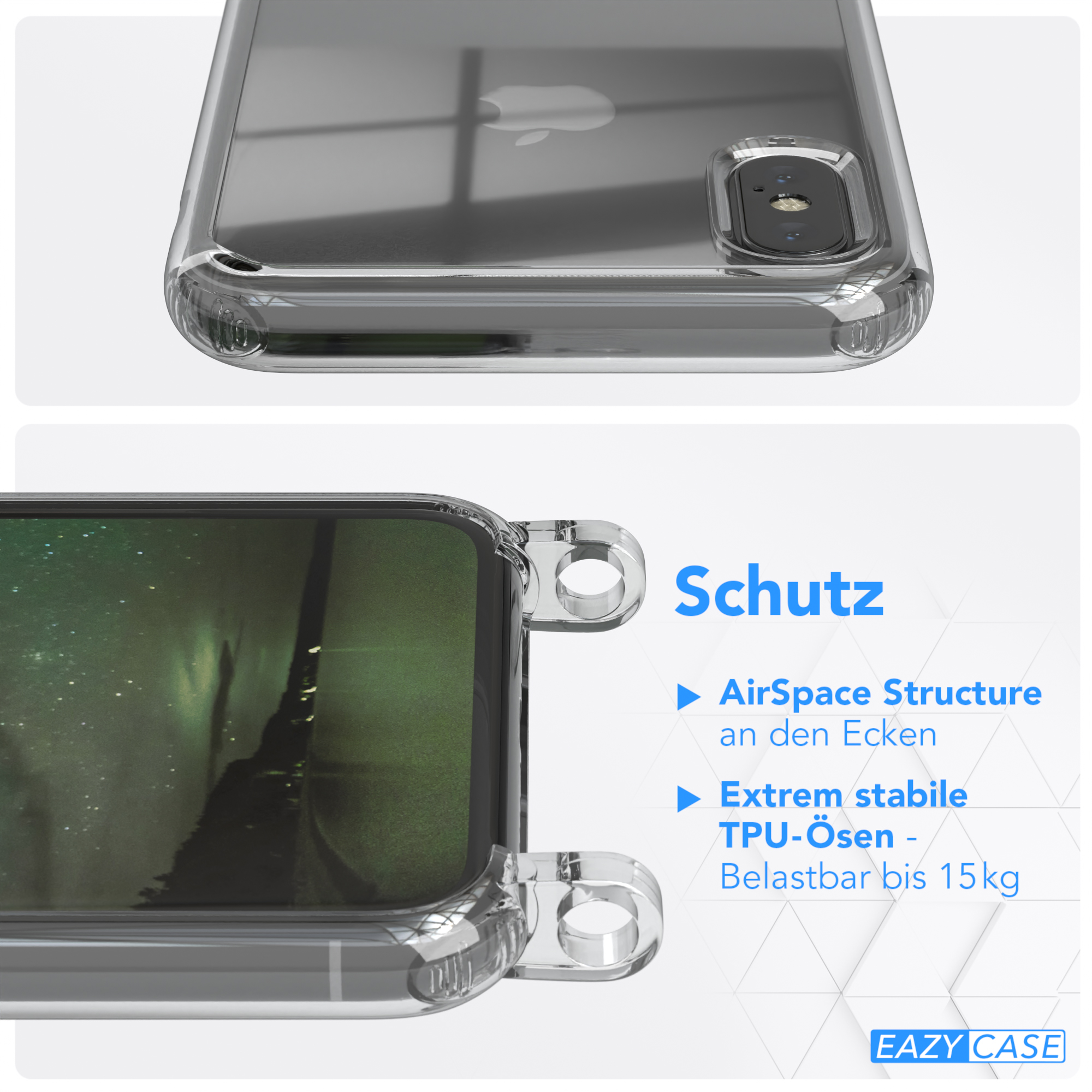 Transparente Handyhülle, Text über Schutz, AirSpace Structure und TPU-Ösen. Eazy Case Logo.