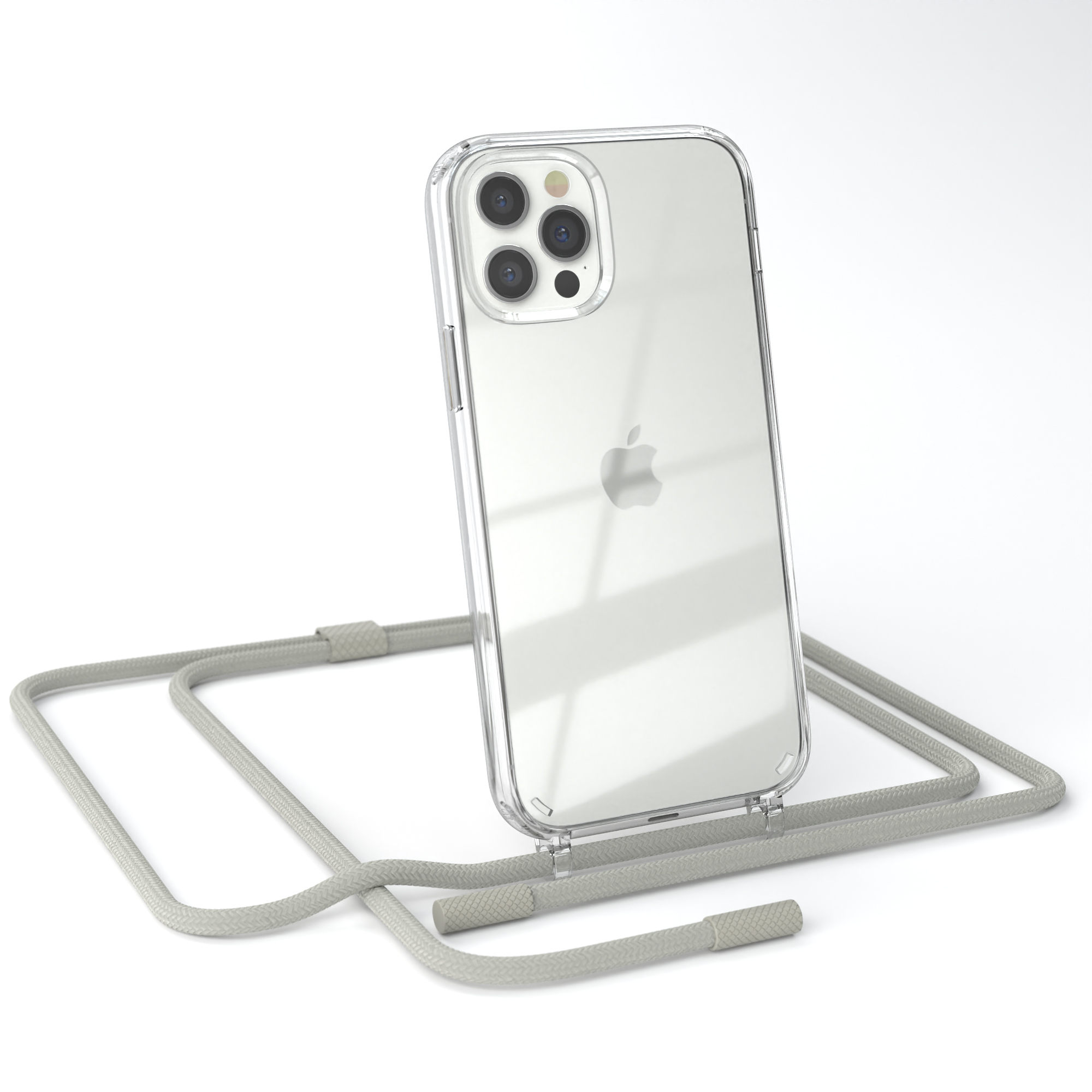 Apple iPhone in einer transparenten Hülle mit grauem Umhängeband. Weißer Hintergrund.