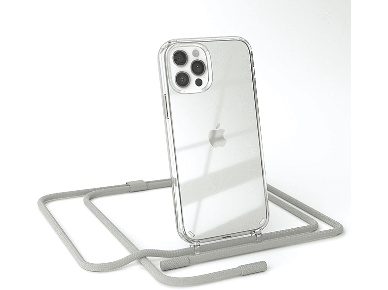 EAZY CASE Transparente Handyhülle mit runder Kette unifarbend, Umhängetasche, Apple, iPhone 12 / 12 Pro, Beige Grau / Taupe