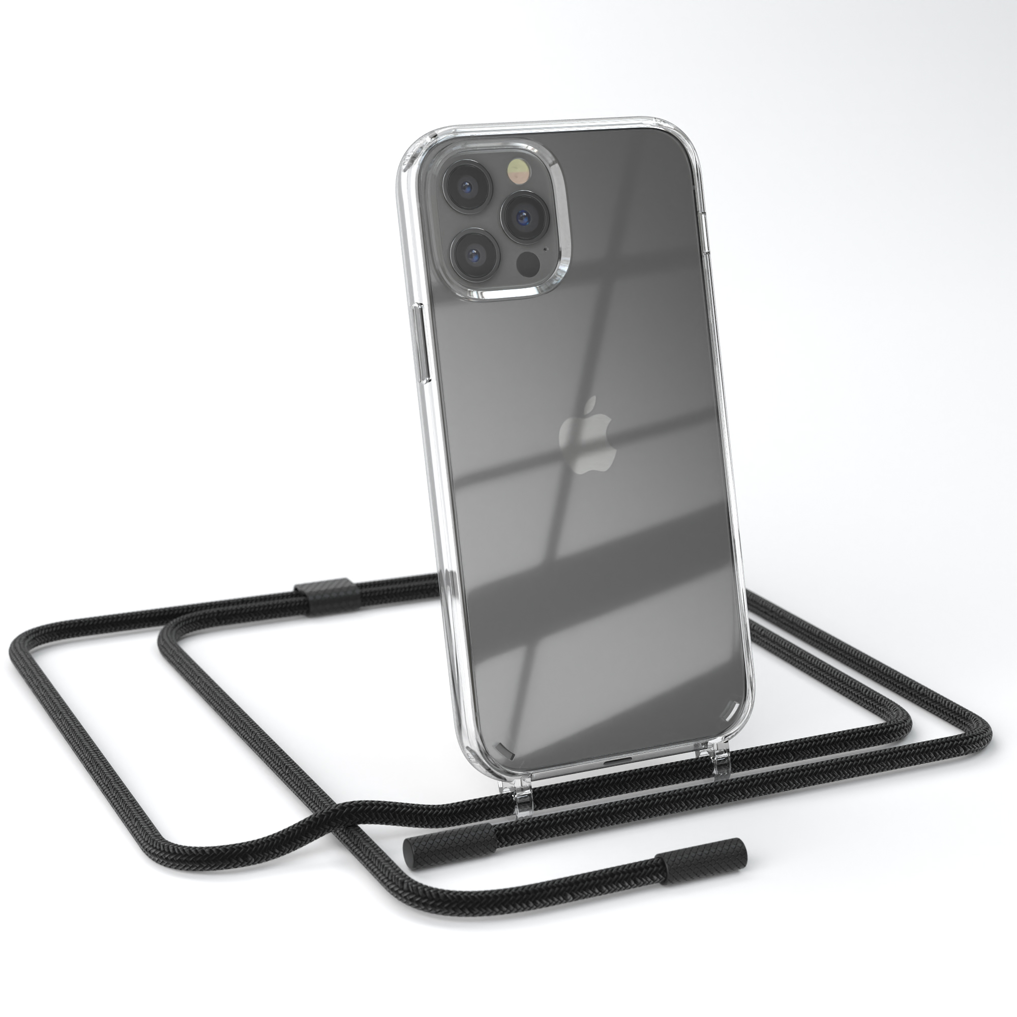 iPhone in einer klaren Hülle mit schwarzem Umhängeband. Das Telefon ist zentriert. Weißer Hintergrund.