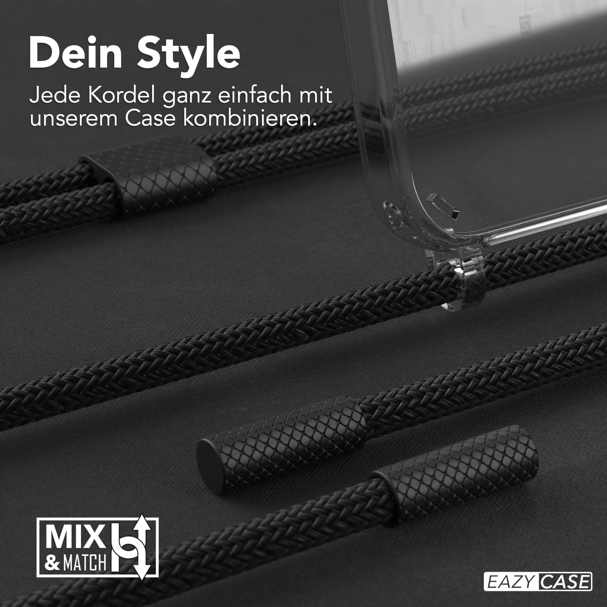 Nahaufnahme von Telefonkabeln und einer transparenten Handyhülle. Text: Dein Style.