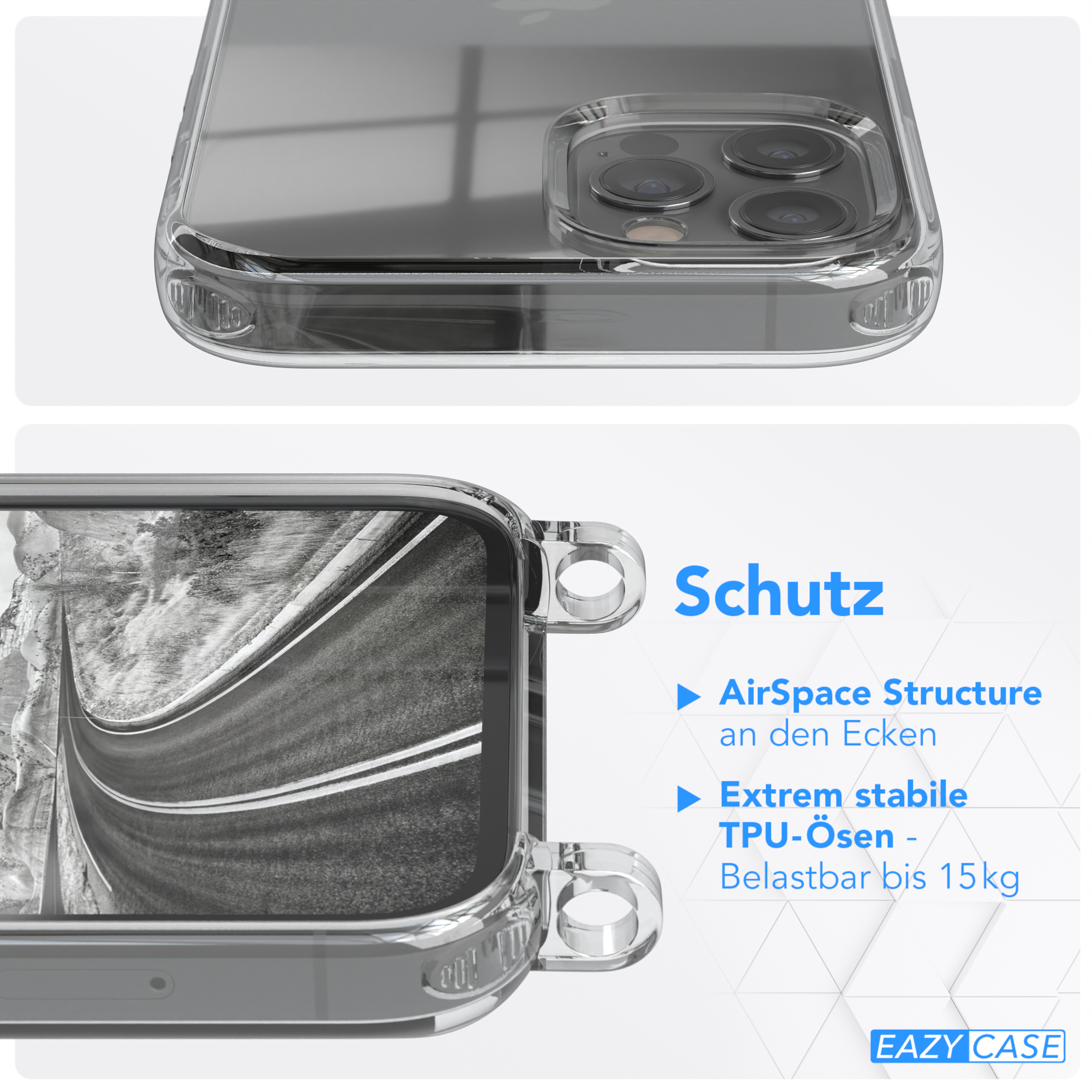 EAZY CASE Transparente Handyhülle mit 12 Umhängetasche, Apple, 12 unifarbend, Schwarz Pro, runder / iPhone Kette