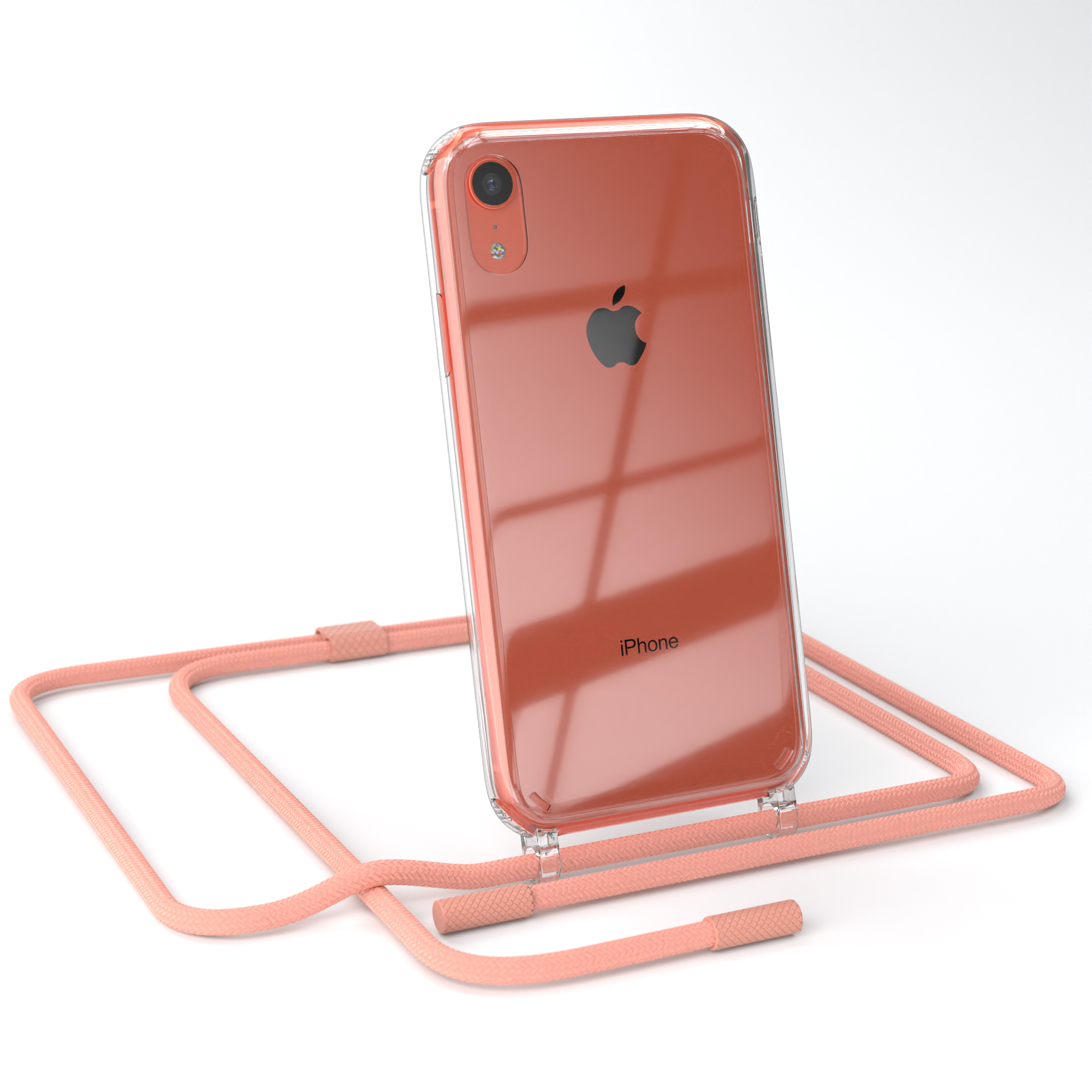 Transparente Handyhülle auf einem iPhone mit pfirsichfarbenem Schlüsselband. Weißer Hintergrund.