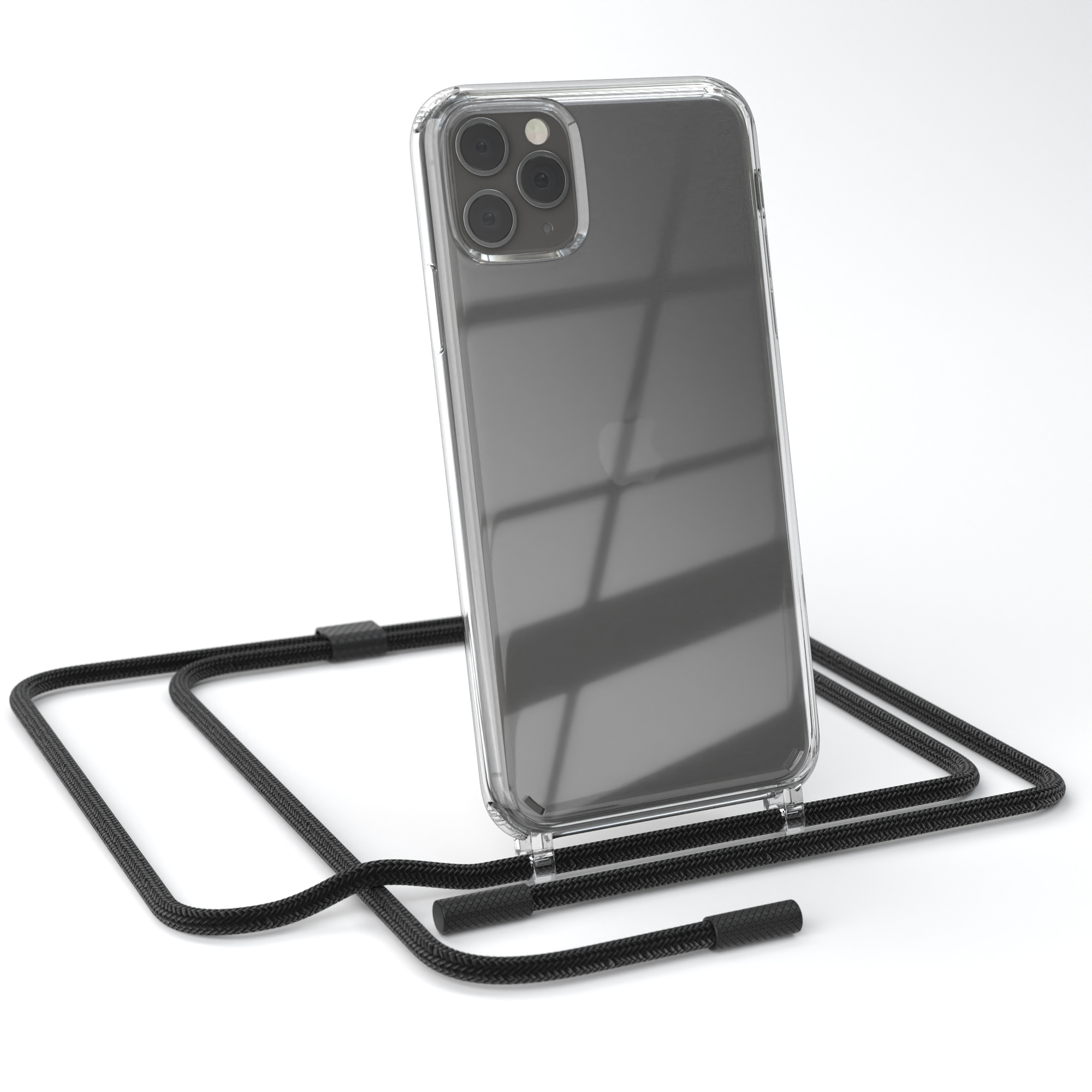 Transparente Handyhülle mit einem Telefon darin. Ein schwarzes Kabel ist an der Hülle befestigt.