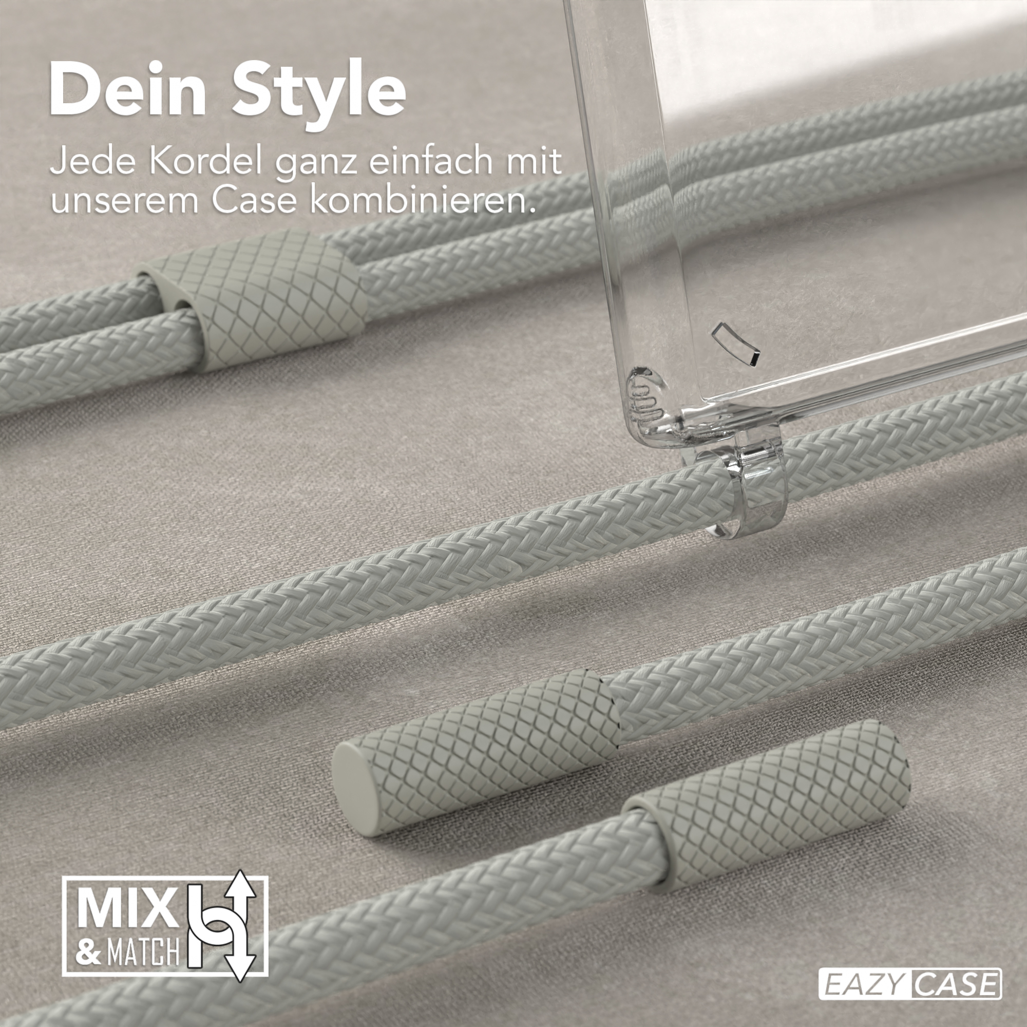 Graues Telefonkabel und transparente Handyhülle. Nahaufnahme von Kabel und Hülle.