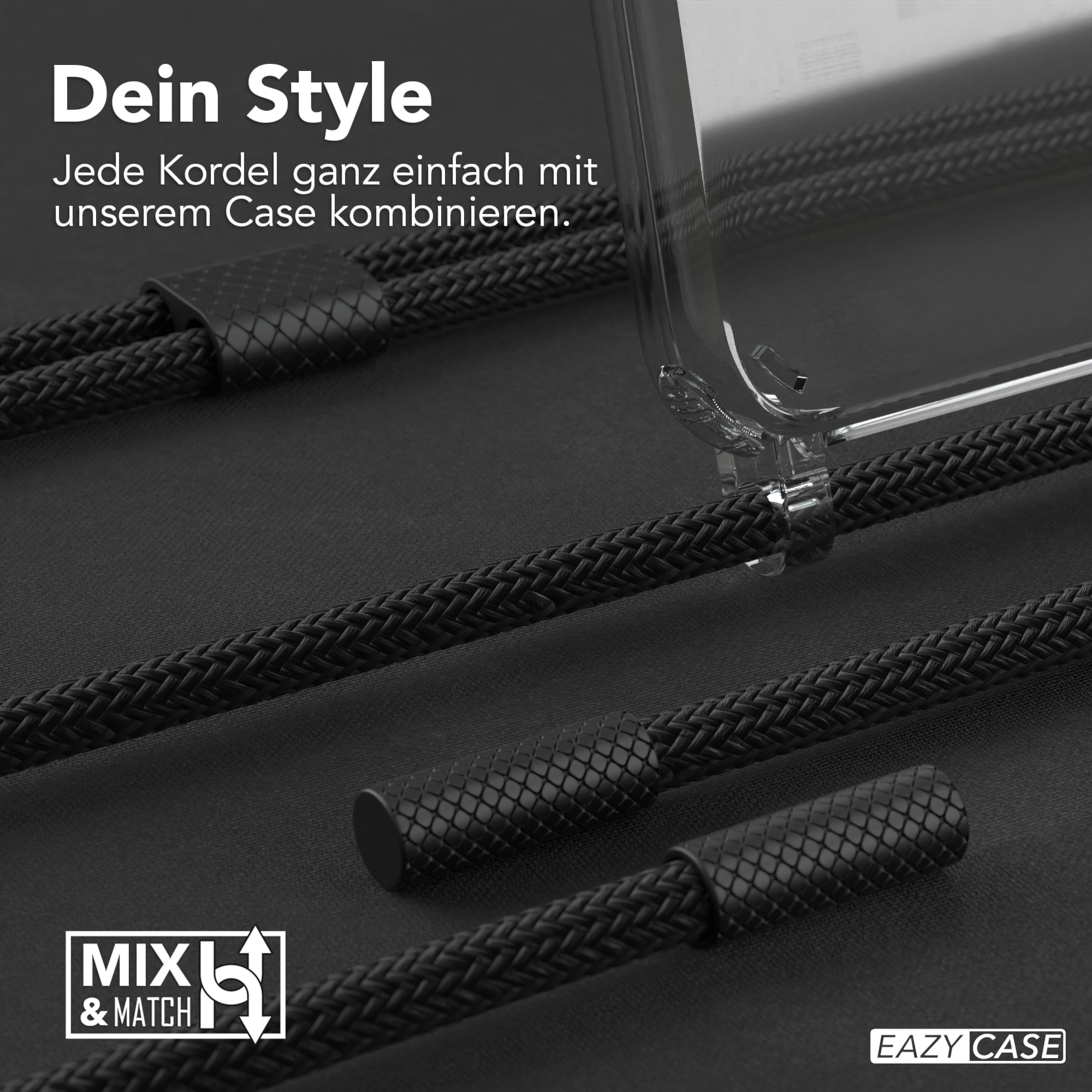 Transparente Handyhülle mit schwarzen Kordeln, Mix-and-Match-Konzept.