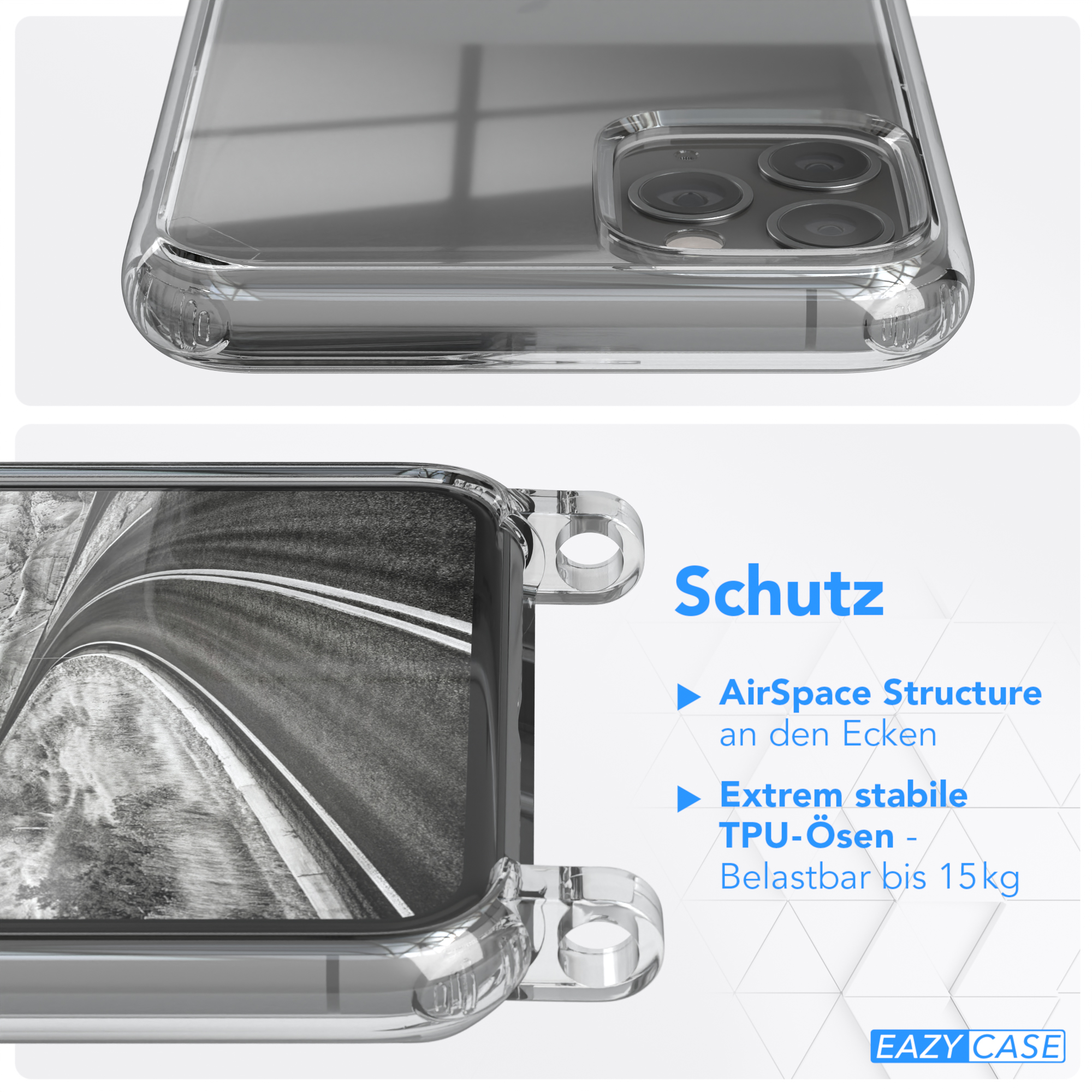 Transparente Handyhülle, Detailansicht. Airspace-Struktur, TPU-Ösen.