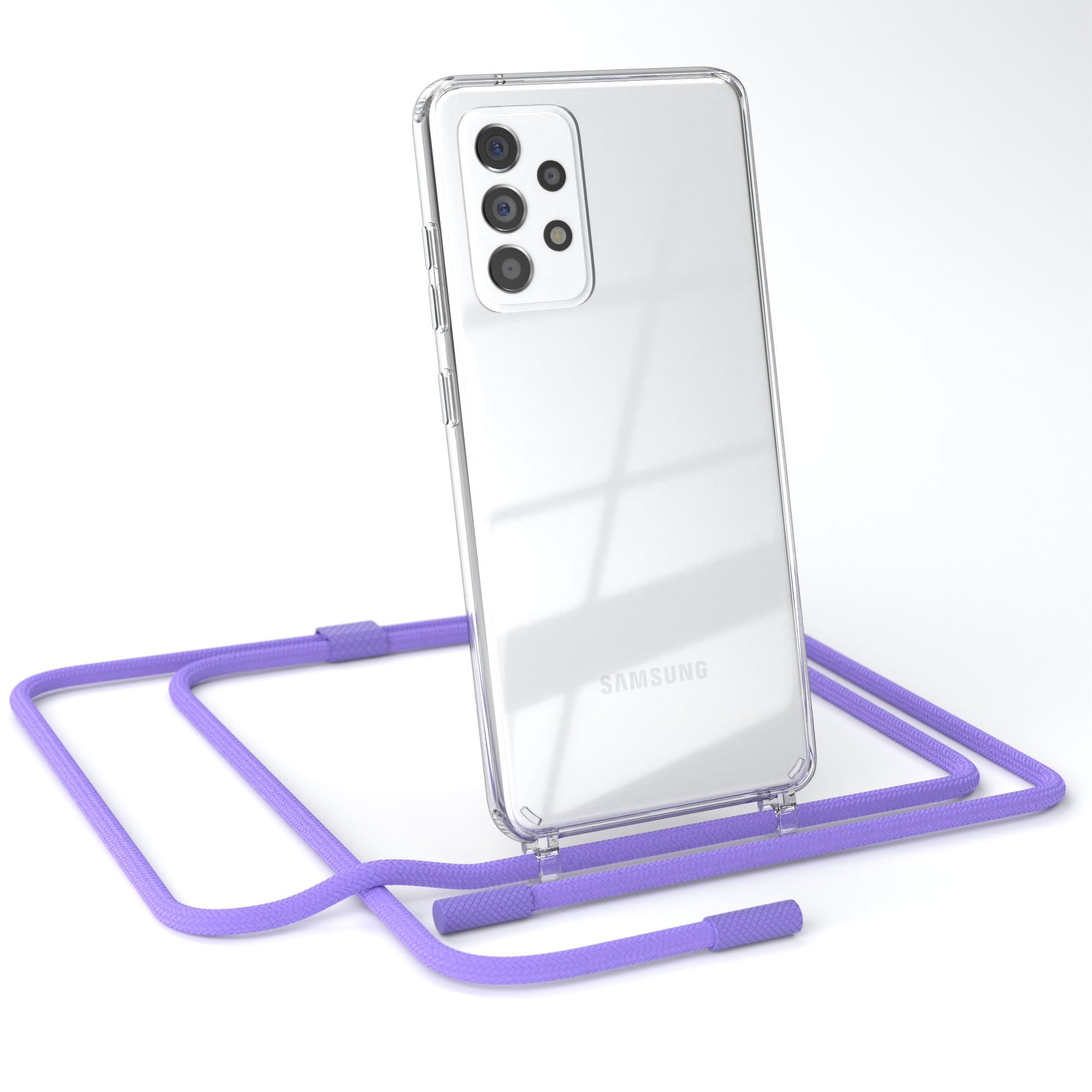 Transparente Handyhülle mit lila Kordel. Das Telefon hat mehrere Kameras. Weißer Hintergrund.
