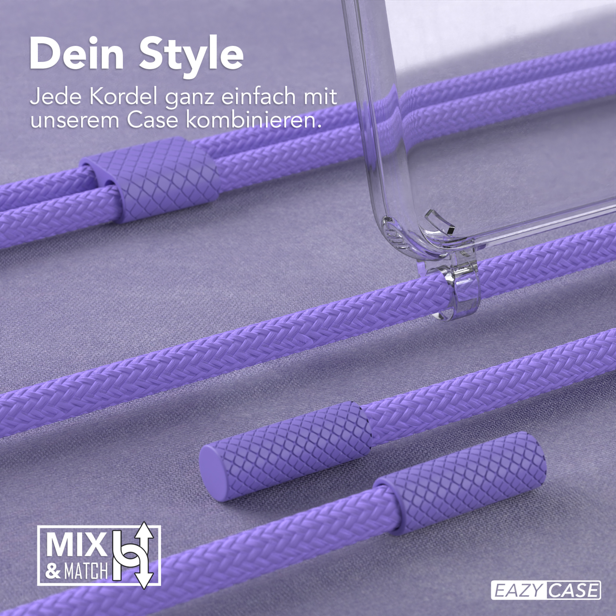 Lila Handyhülle mit lila Kordeln und eine transparente Handyhülle.
