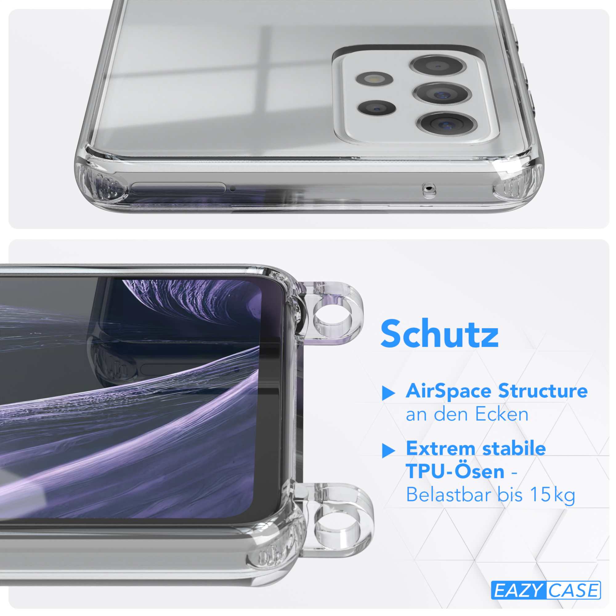 Transparente Handyhülle mit Text. Zeigt AirSpace Structure und TPU-ösen -Belastbar bis 15kg.