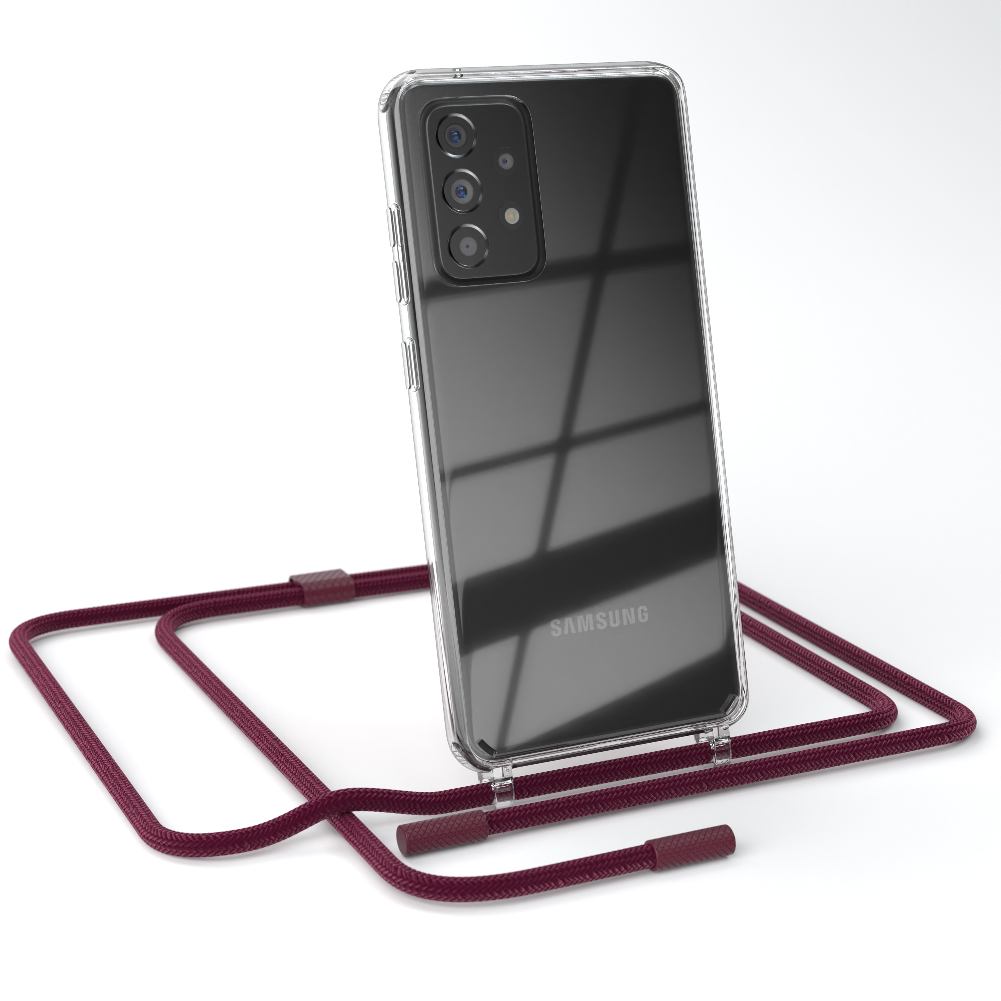 Transparente Handyhülle mit einem Telefon darin. Ein kastanienbraunes Kabel ist an der Hülle befestigt.