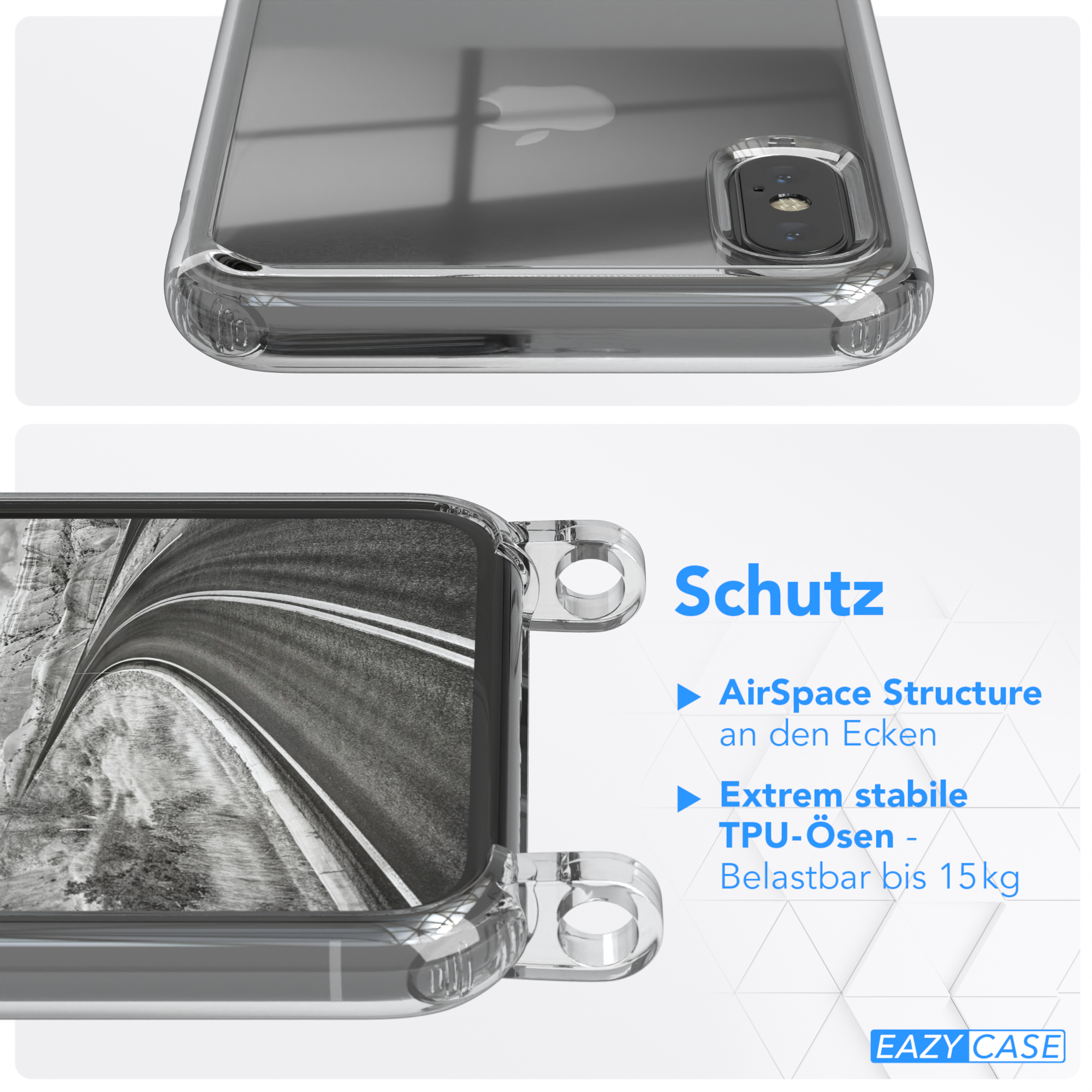 / X mit Kette runder XS, Apple, Transparente CASE iPhone Schwarz unifarbend, Umhängetasche, Handyhülle EAZY