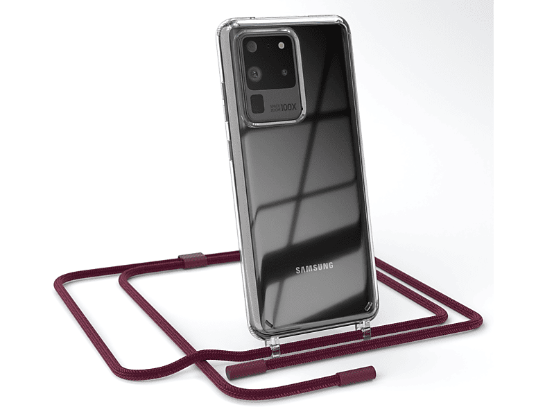 EAZY CASE Transparente Handyhülle S20 Ultra unifarbend, Beere Ultra Samsung, Rot mit runder Umhängetasche, S20 Kette Bordeaux / / 5G, Galaxy