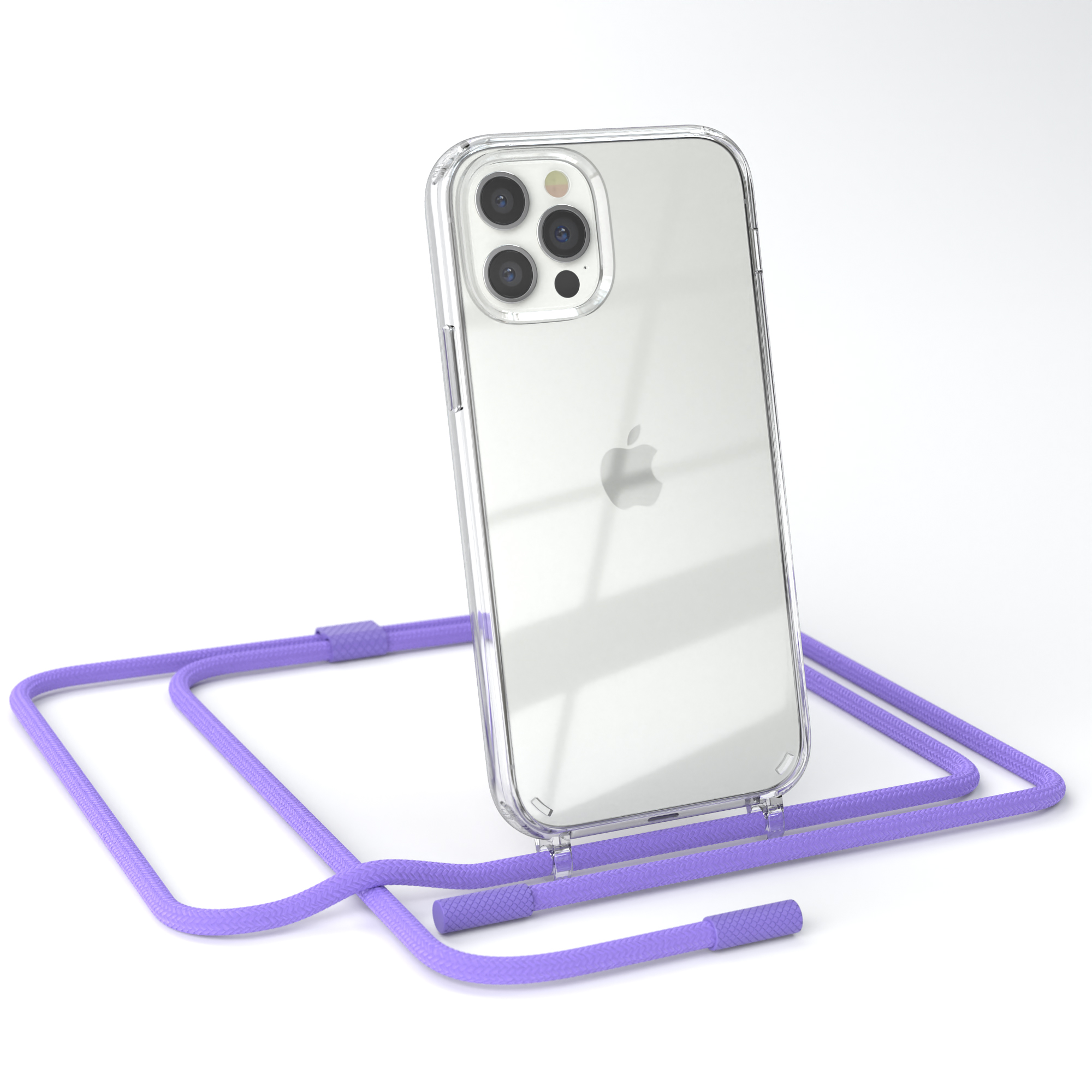 Transparente Handyhülle mit lila Kabel. Telefon hat Kameralinsen auf der Rückseite. Kabel hat silberne Enden.