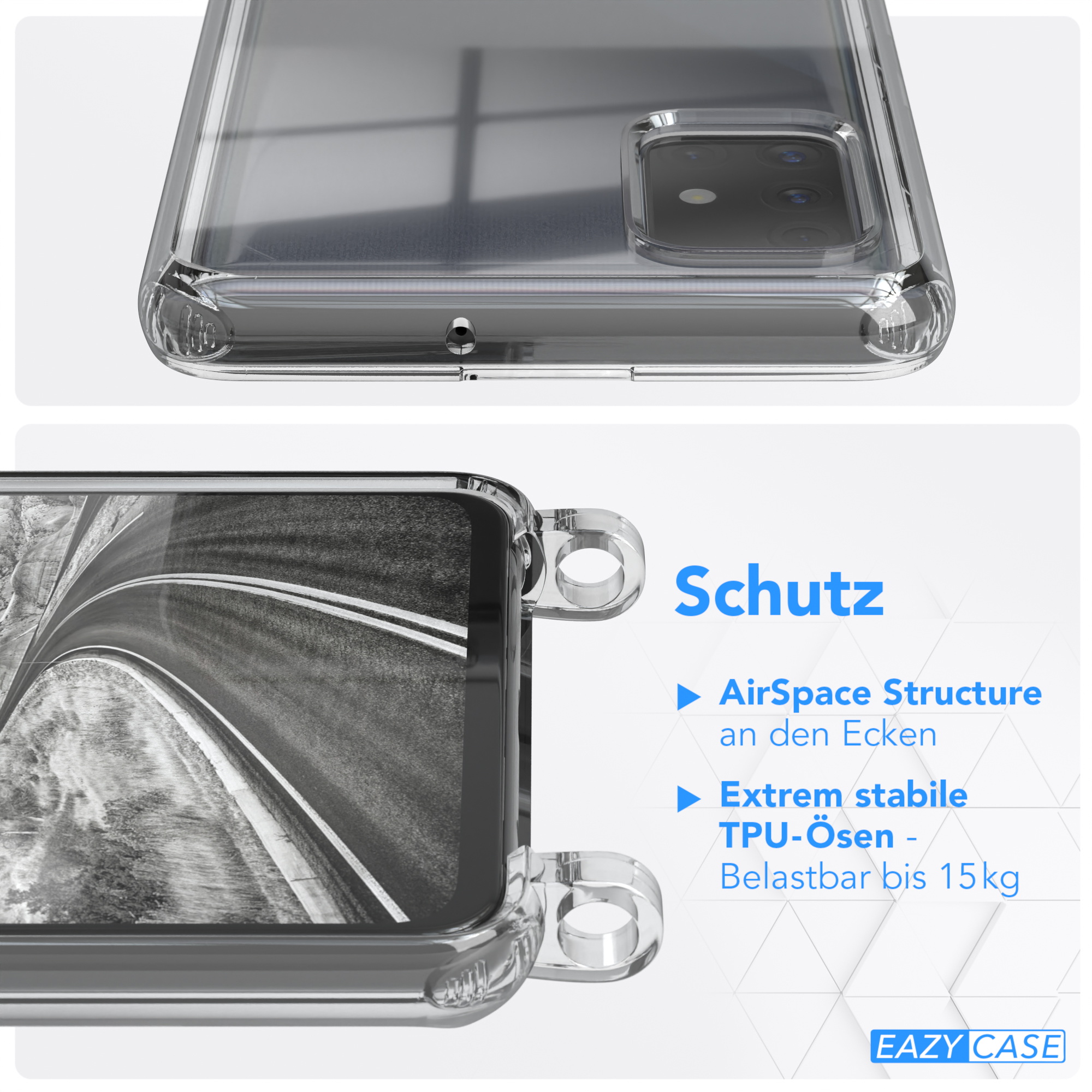 Transparente Handyhülle mit Straßenbild. Nahaufnahme zeigt Schutzfunktionen, einschließlich einer Airspace-Struktur.