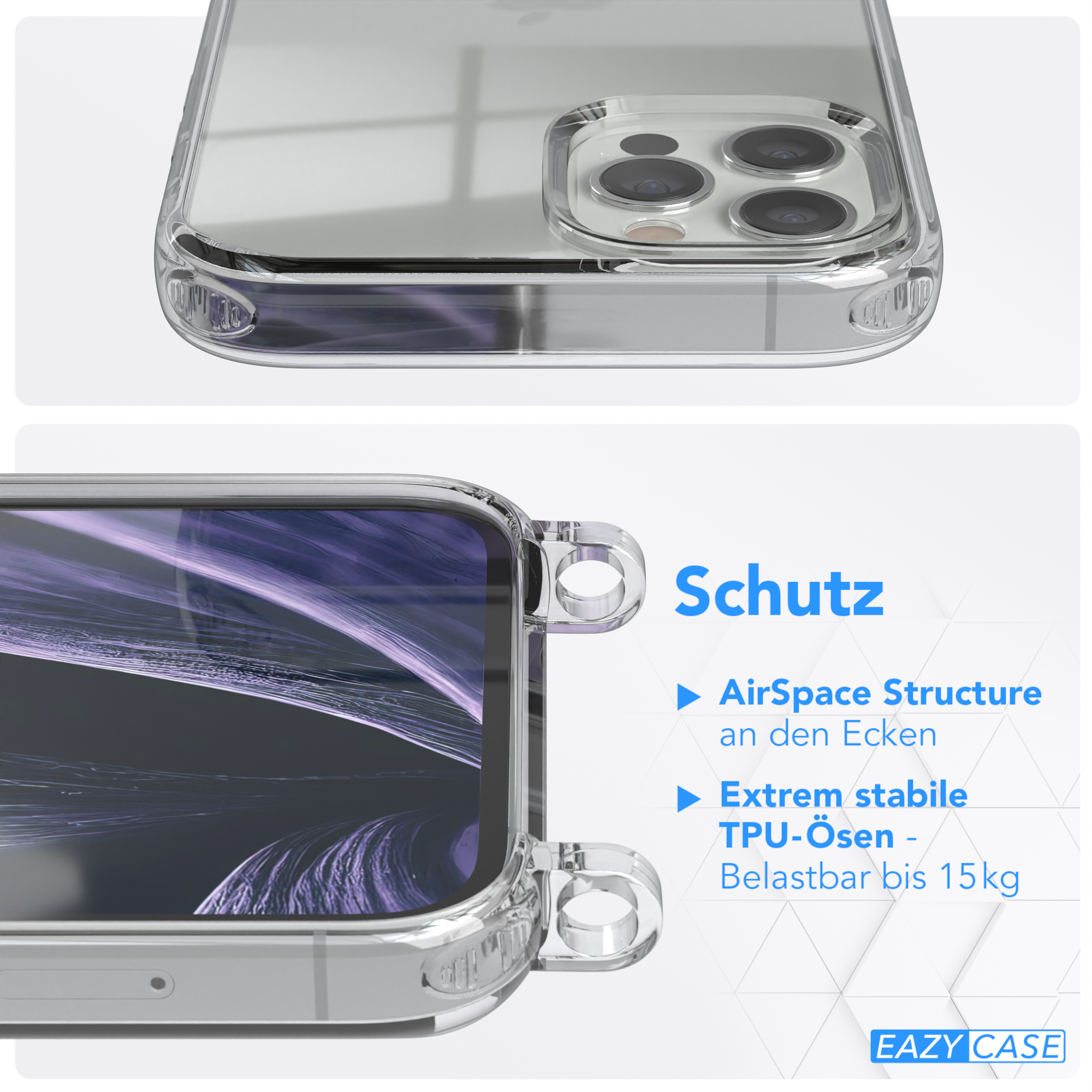 Nahaufnahme einer transparenten Handyhülle, mit Text 'Schutz'. Zeigt AirSpace Structure und TPU-Ösen.