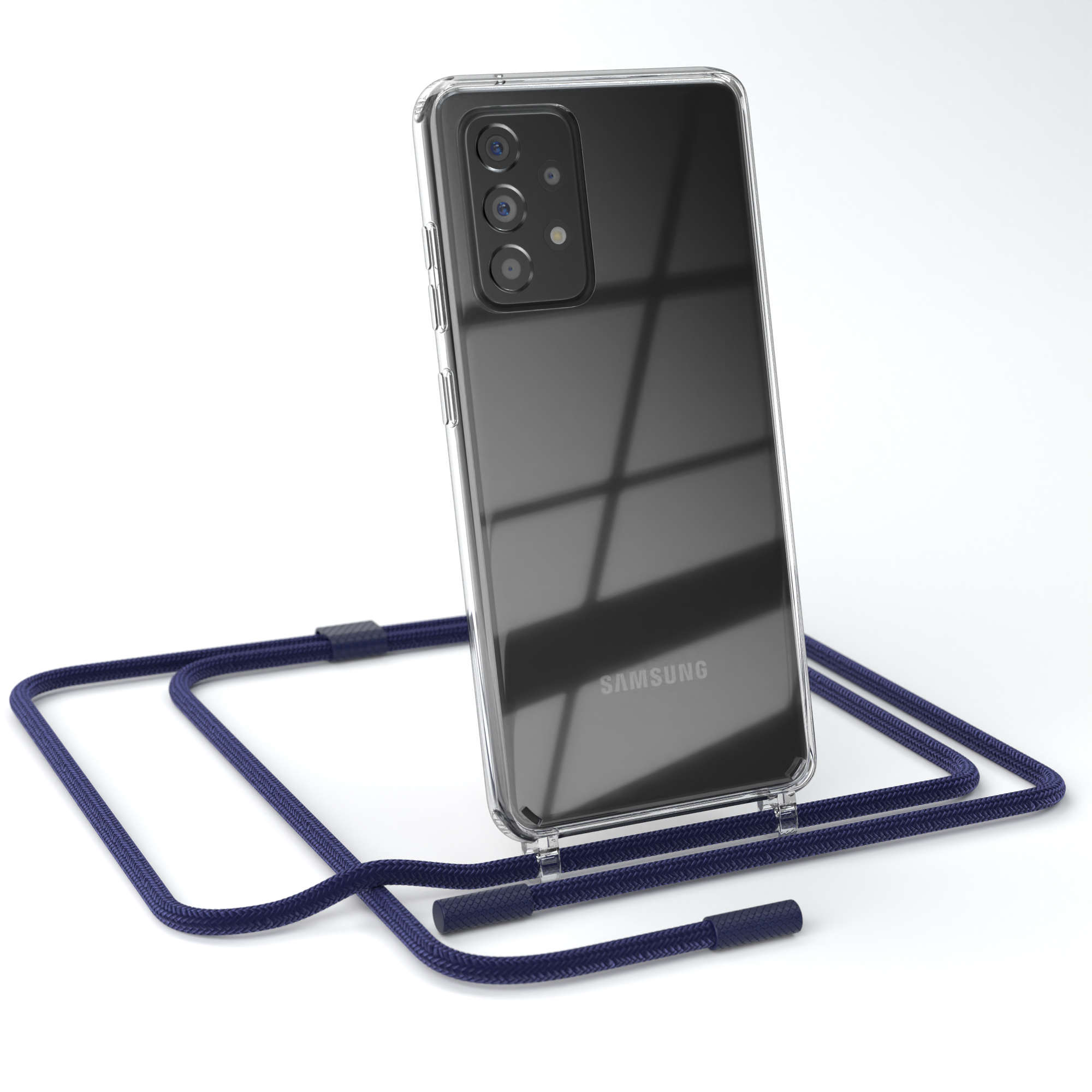 Transparente Handyhülle auf weißer Oberfläche. Das Telefon hat mehrere Kameras und einen dunkelblauen Riemen.