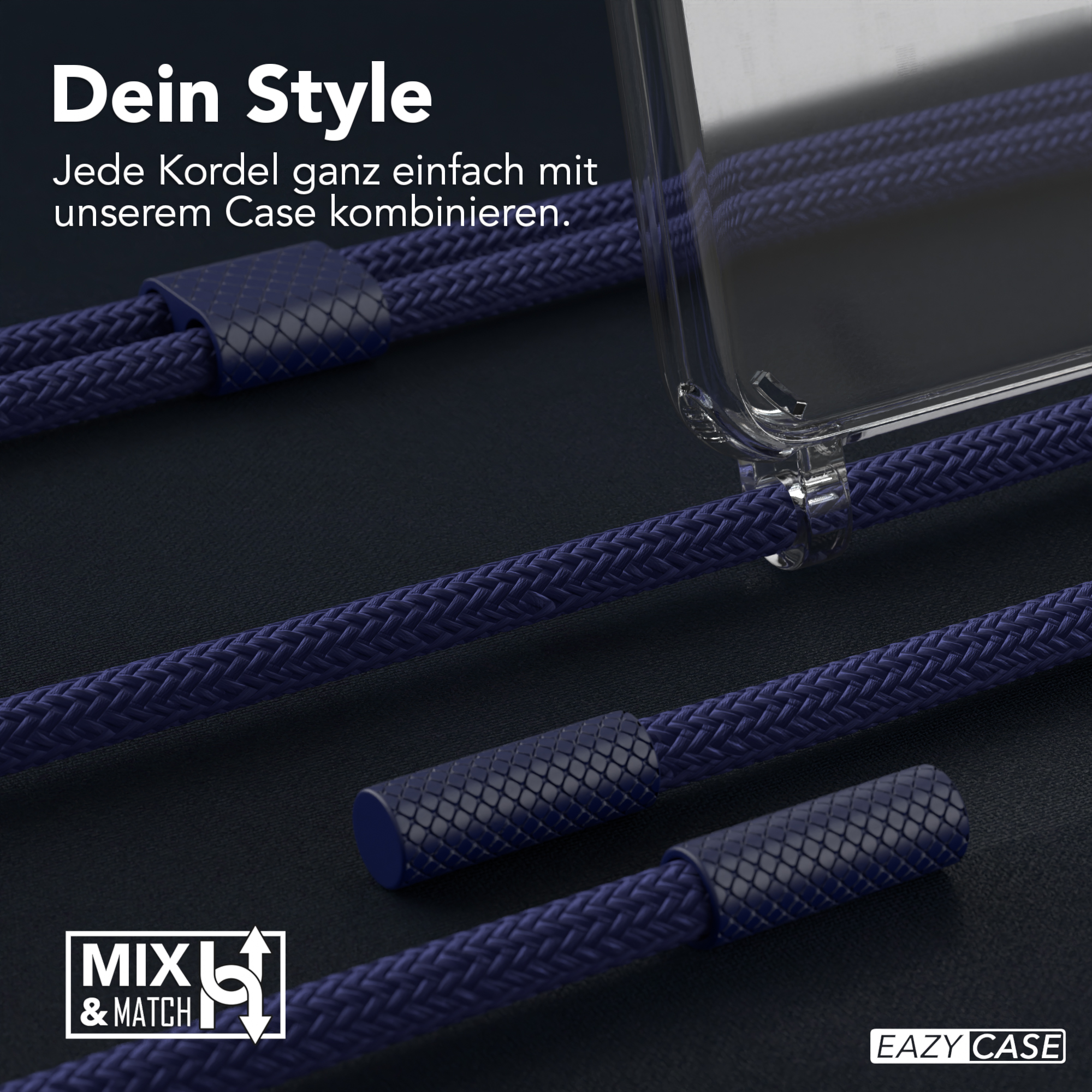 Dunkelblaue Kordel-Handyhülle mit dunkelblauen Kordeln. Text: 'Dein Style.' 'Mix & Match' Logo.