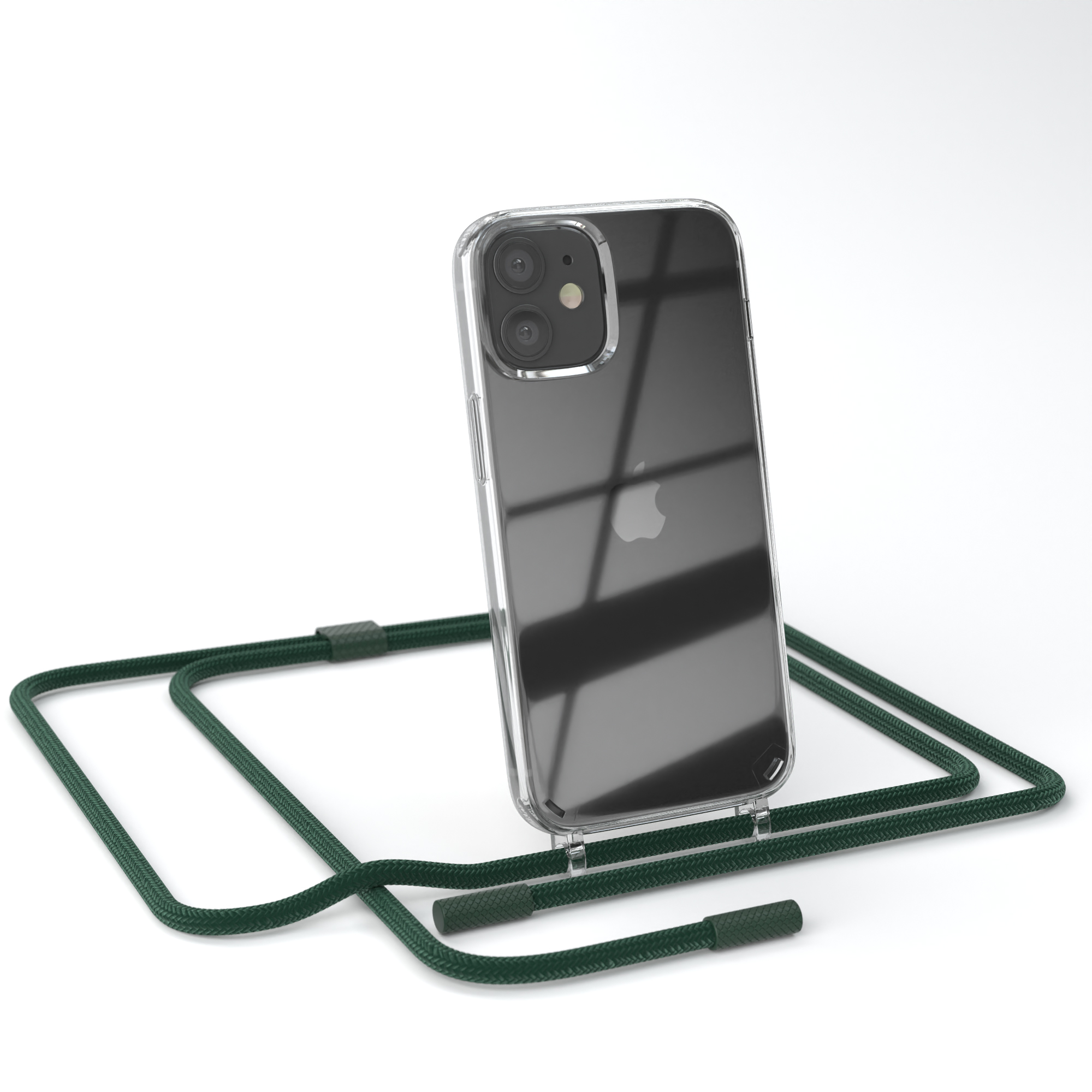 Eine transparente Handyhülle mit grünem Handygurt auf weißem Hintergrund.