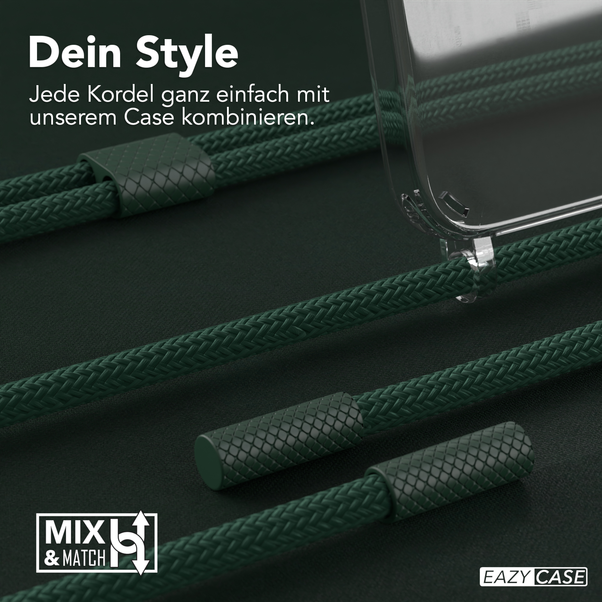 Grüne geflochtene Kordeln mit klarer Handyhülle, Text 'Dein Style' und 'MXL & MATCH' Logo.