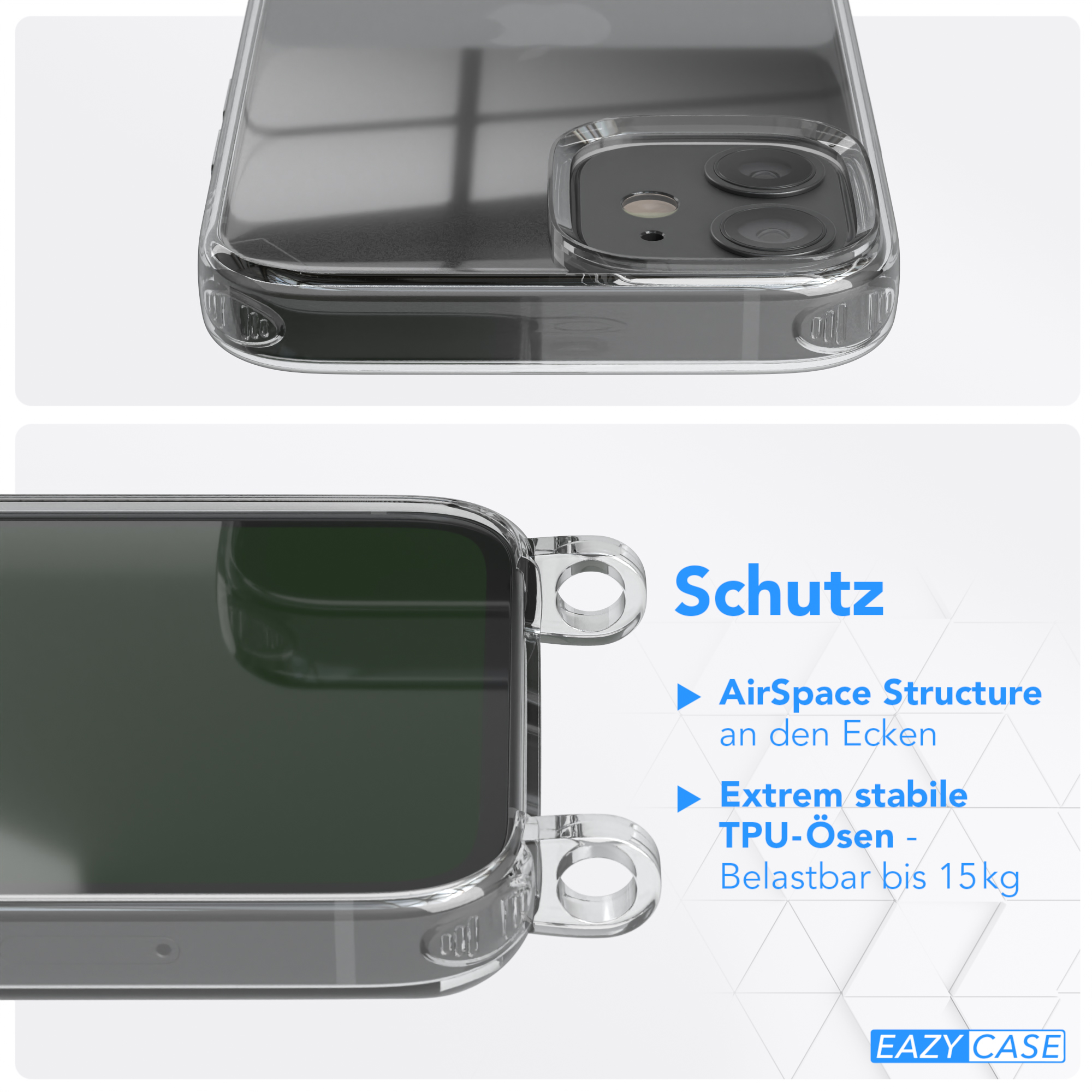 Transparente Handyhülle mit Text: "Schutz". Merkmale AirSpace Structure und TPU.