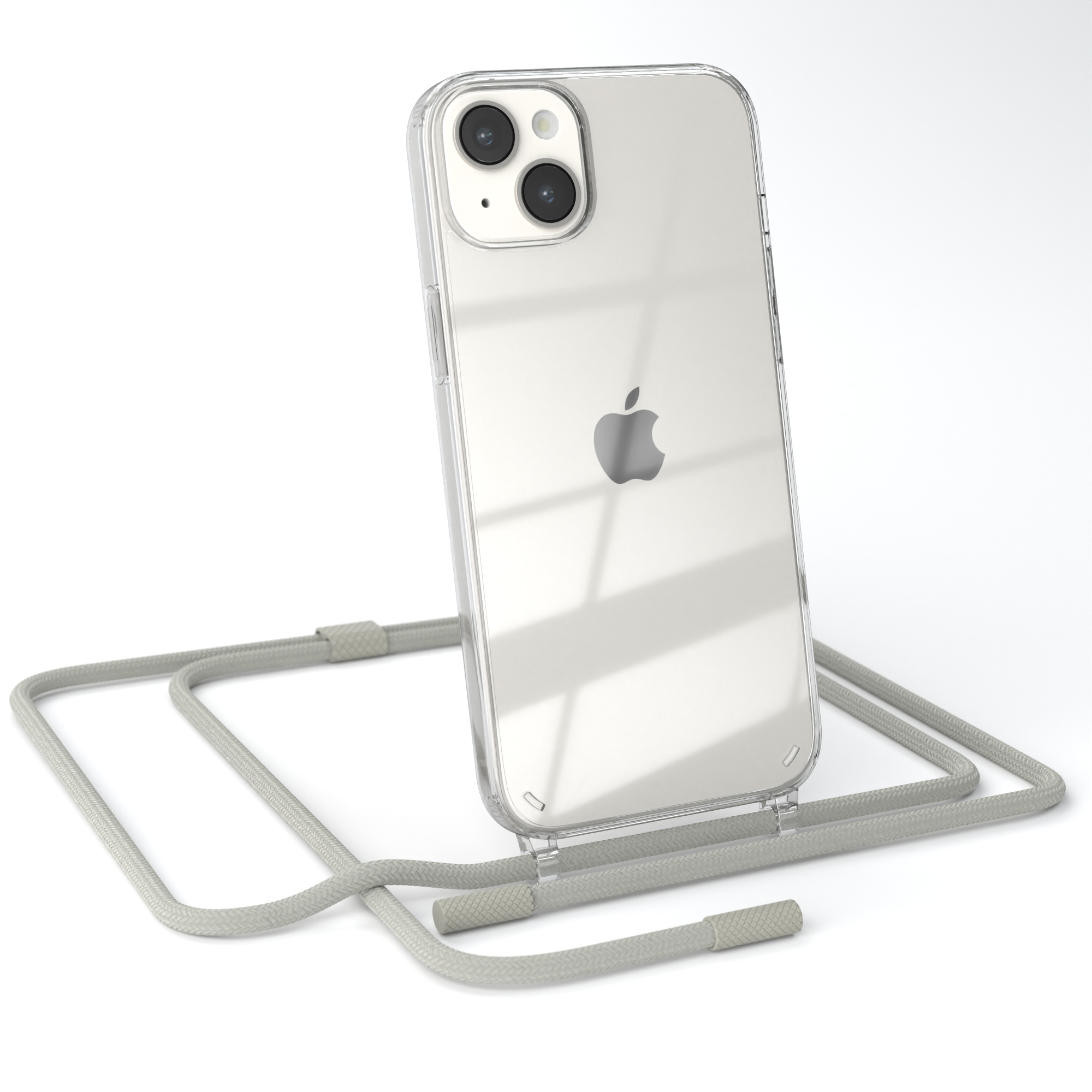 Transparente Handyhülle mit Telefon und grauem Lanyard. Das Telefon zeigt ein Apple-Logo.