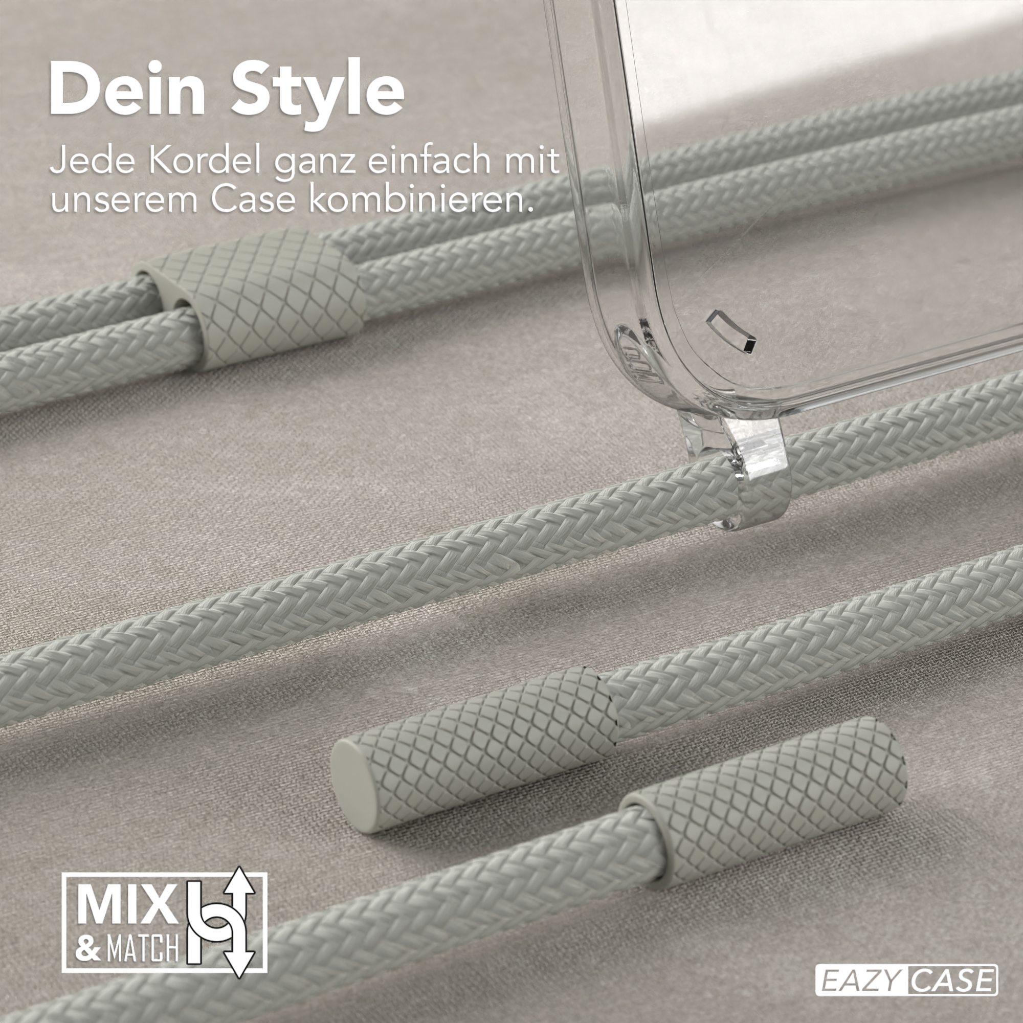 Nahaufnahme von Handyhüllen mit Kordeln, Mix-and-Match-Design.
