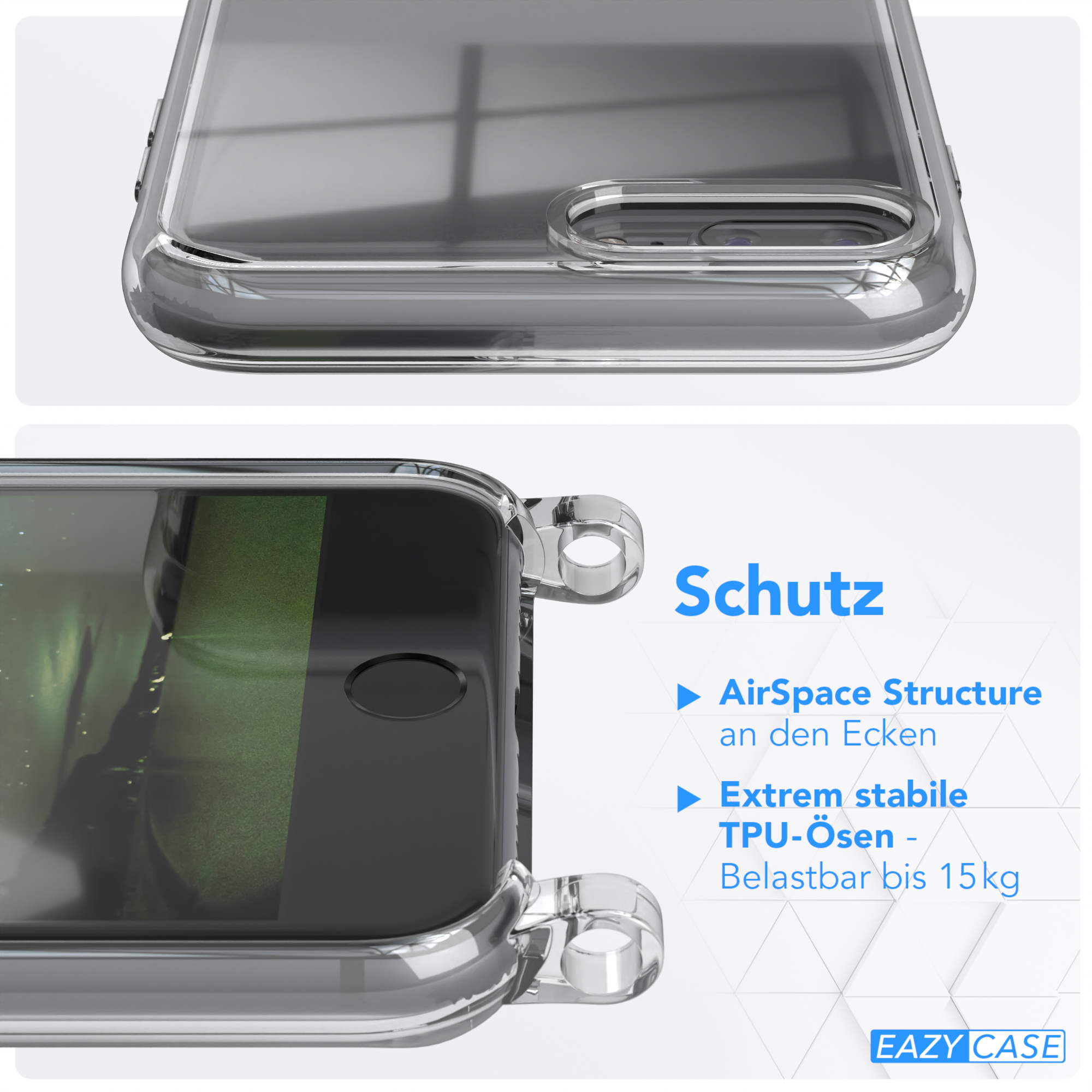 Transparente Handyhülle mit Text 'Schutz' und Eigenschaften: AirSpace Structure, TPU-Ösen, bis 15kg.