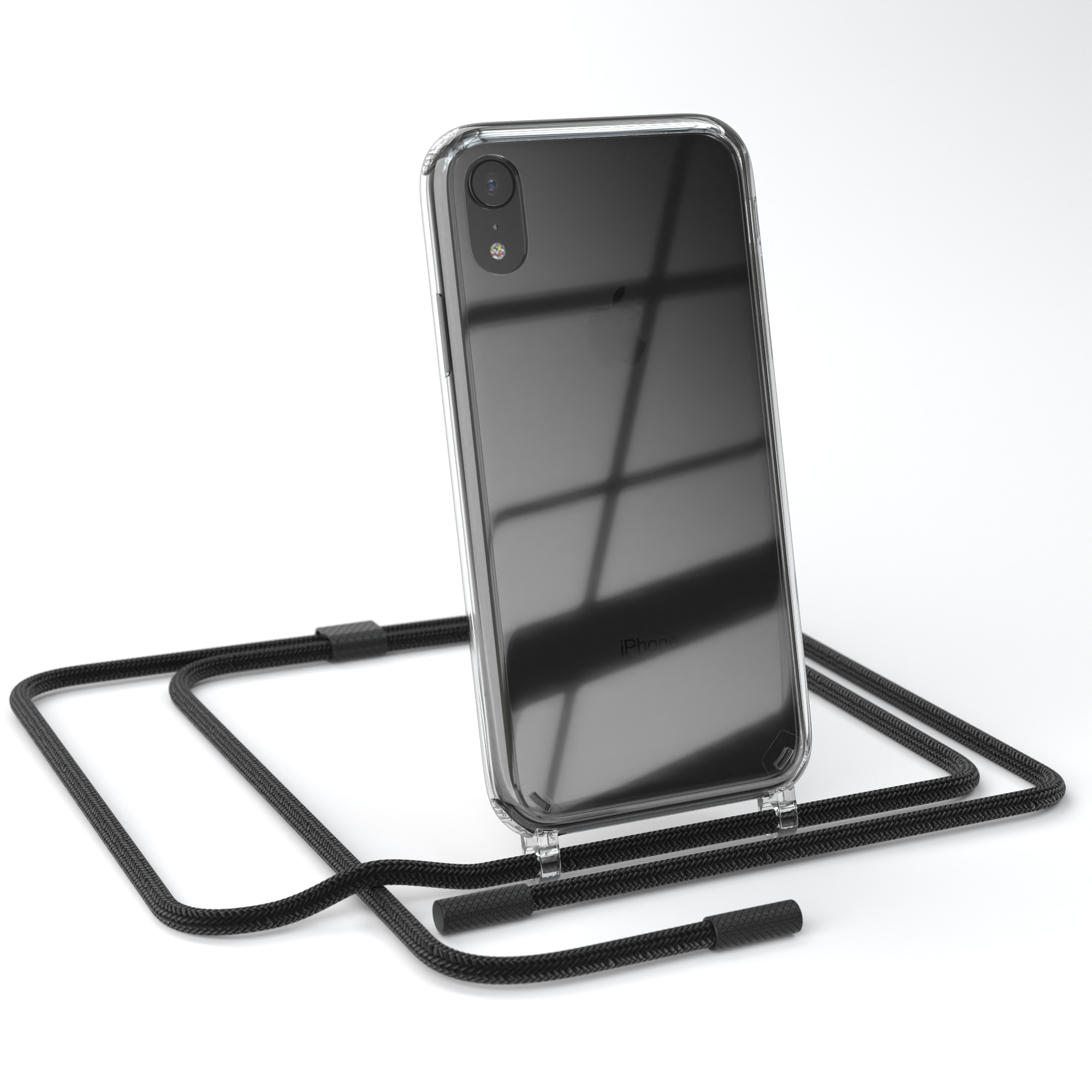 Transparente Handyhülle mit schwarzem Kordel. iPhone XR sichtbar. Weißer Hintergrund.