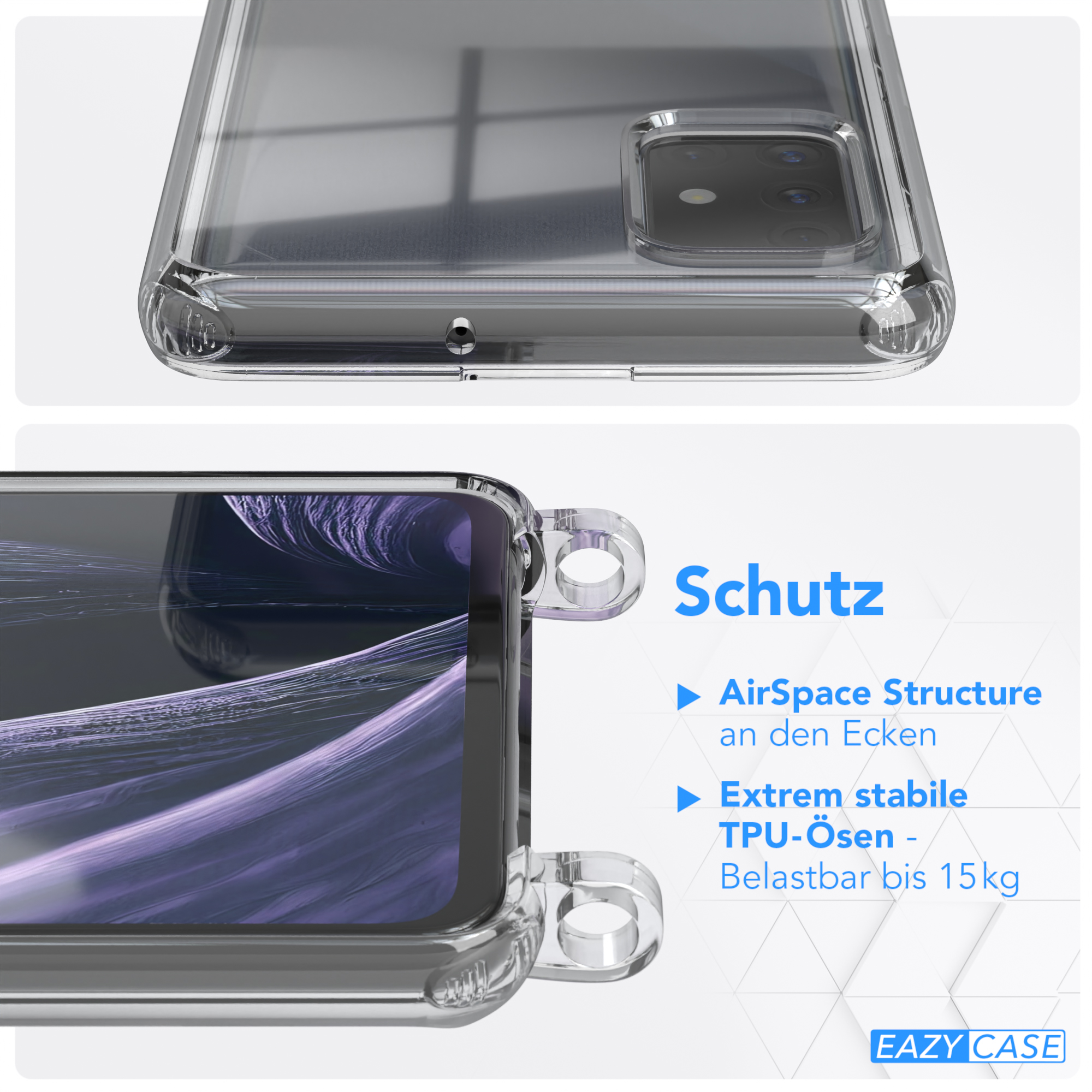 Nahaufnahme einer Handyhülle mit Text über Schutz und der Marke 'EAZY CASE'.