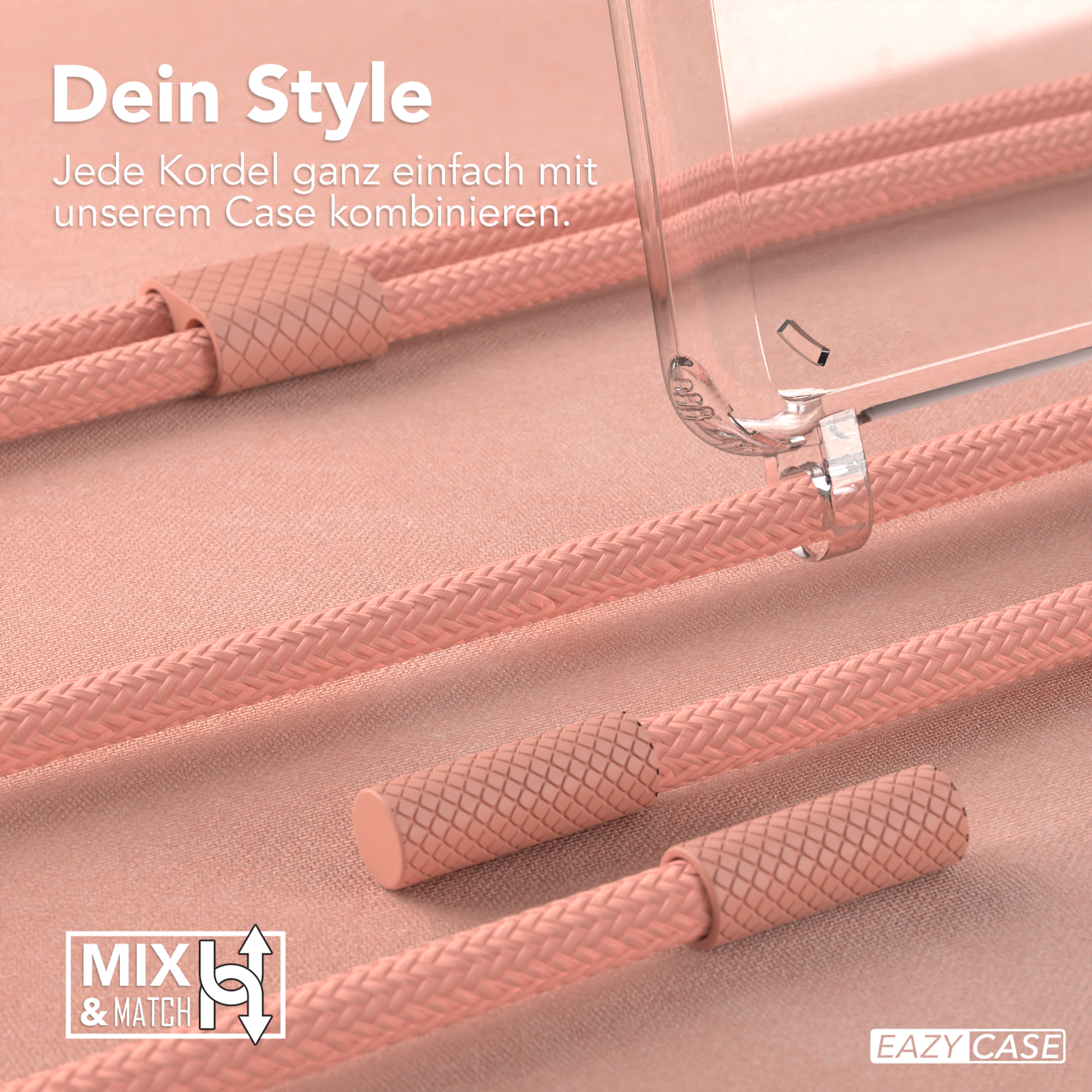 Nahaufnahme von rosa geflochtenen Kordeln und einer durchsichtigen Handyhülle.