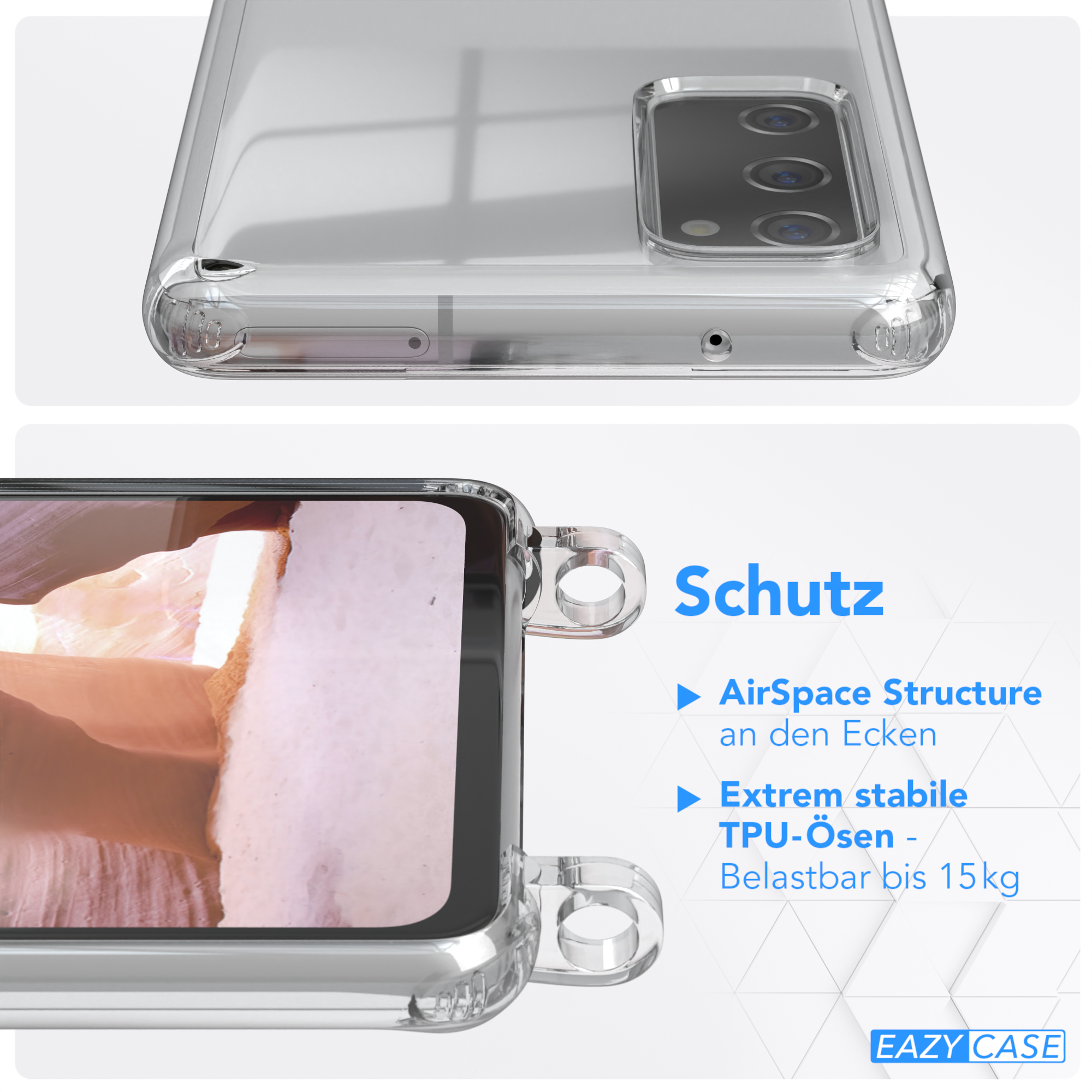 Nahaufnahme einer transparenten Handyhülle, mit Text 'Schutz'. Zeigt AirSpace Structure und TPU-Ösen, mit Telefon.