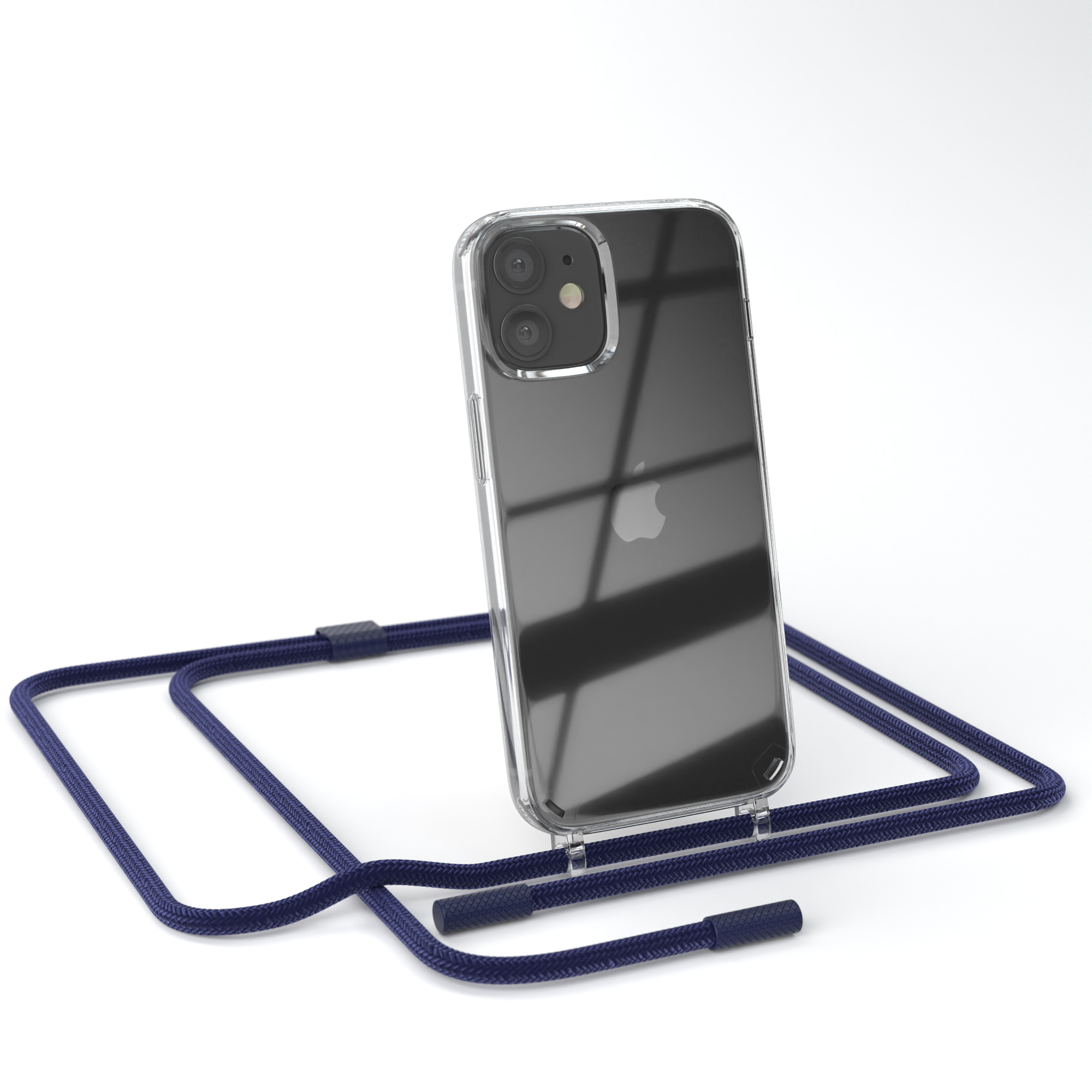 Telefon mit klarer Hülle und blauem Kordel. Das Telefon ist schwarz.