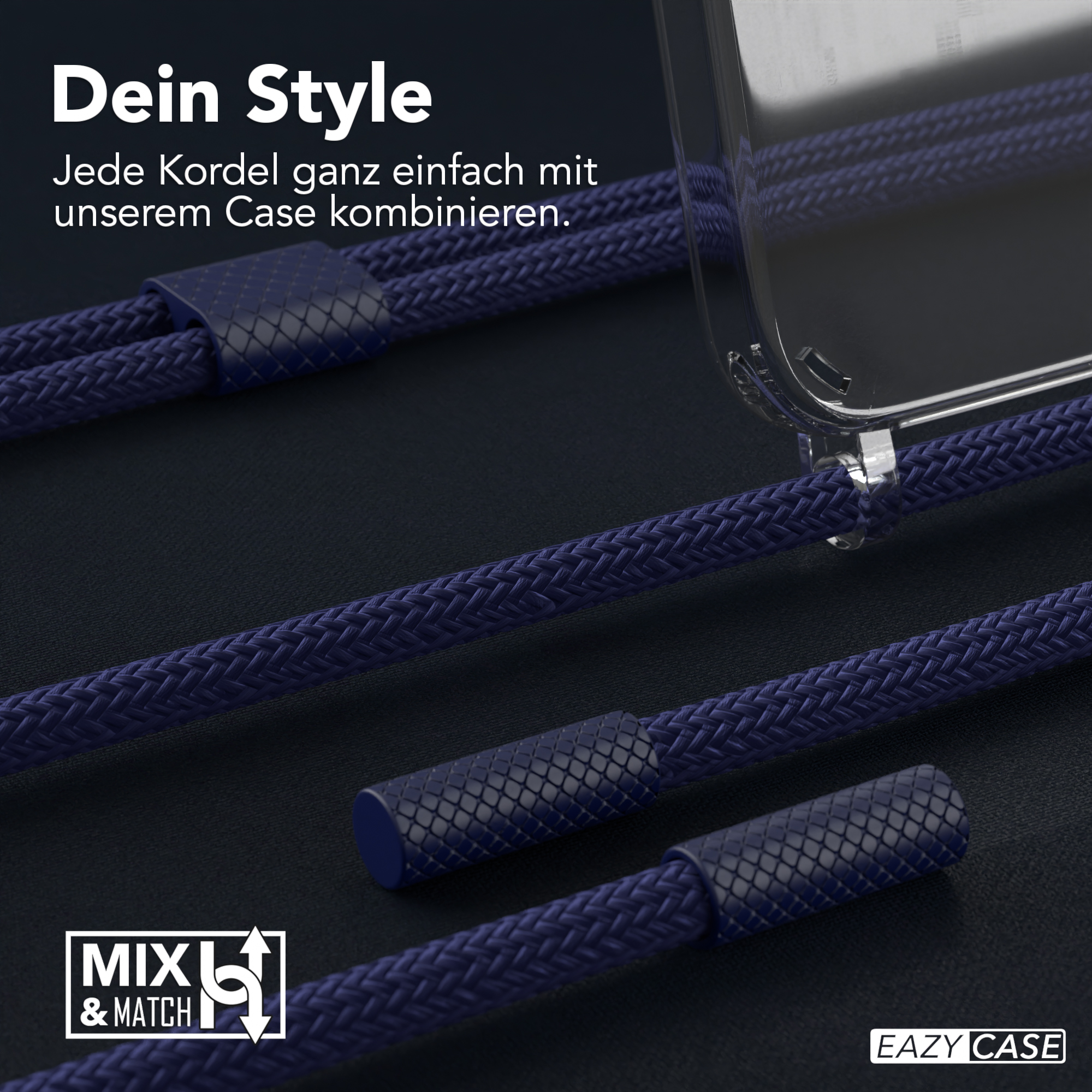 Nahaufnahme von blauen Handyhüllen-Kabeln. Die Kabel sind gewebt und strukturiert.