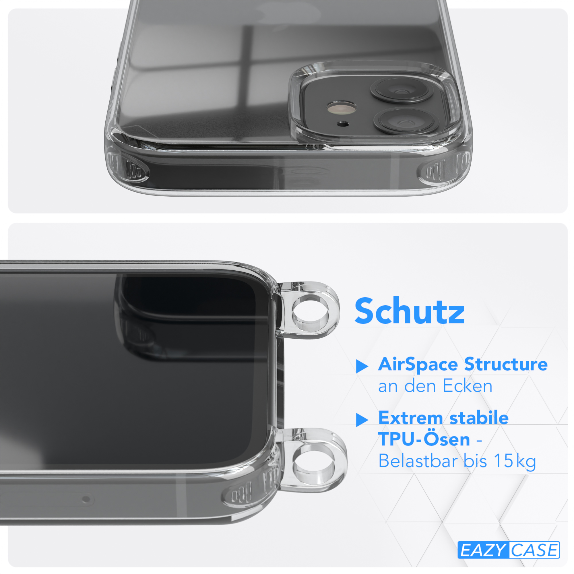 Transparente Handyhülle. Text: AirSpace Structure, TPU-ösen, und EAZY CASE Logo.
