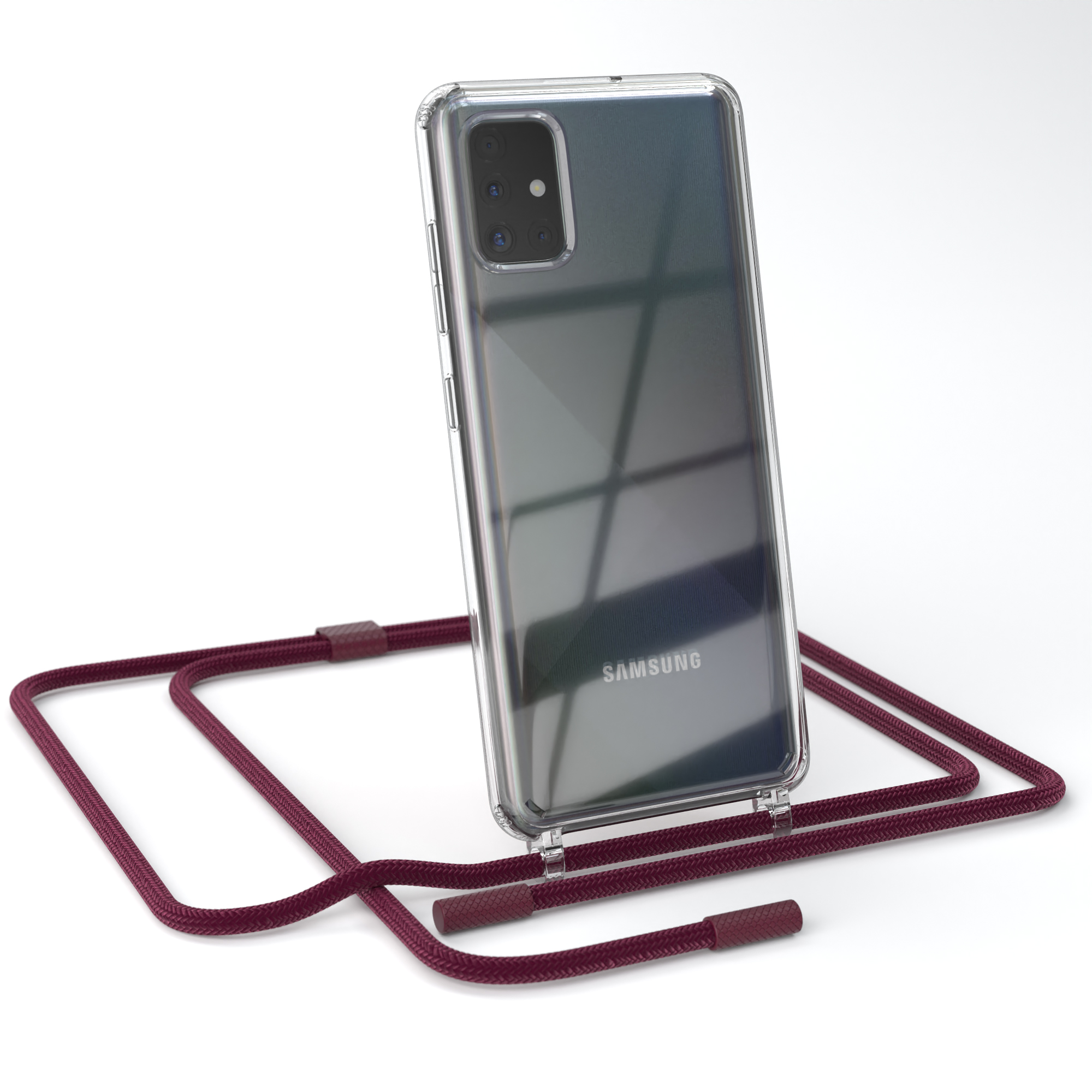 Samsung-Telefon in einer transparenten Hülle mit rotem Umhängeband. Weißer Hintergrund.