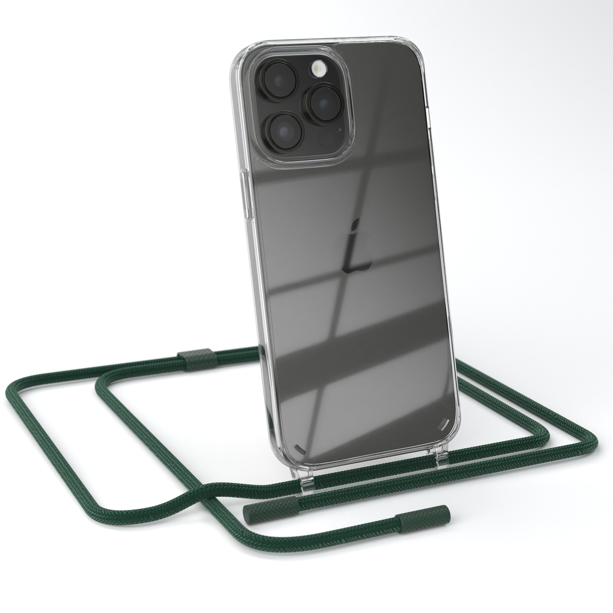 iPhone in transparenter Hülle mit grünem Umhängeband. Weißer Hintergrund.