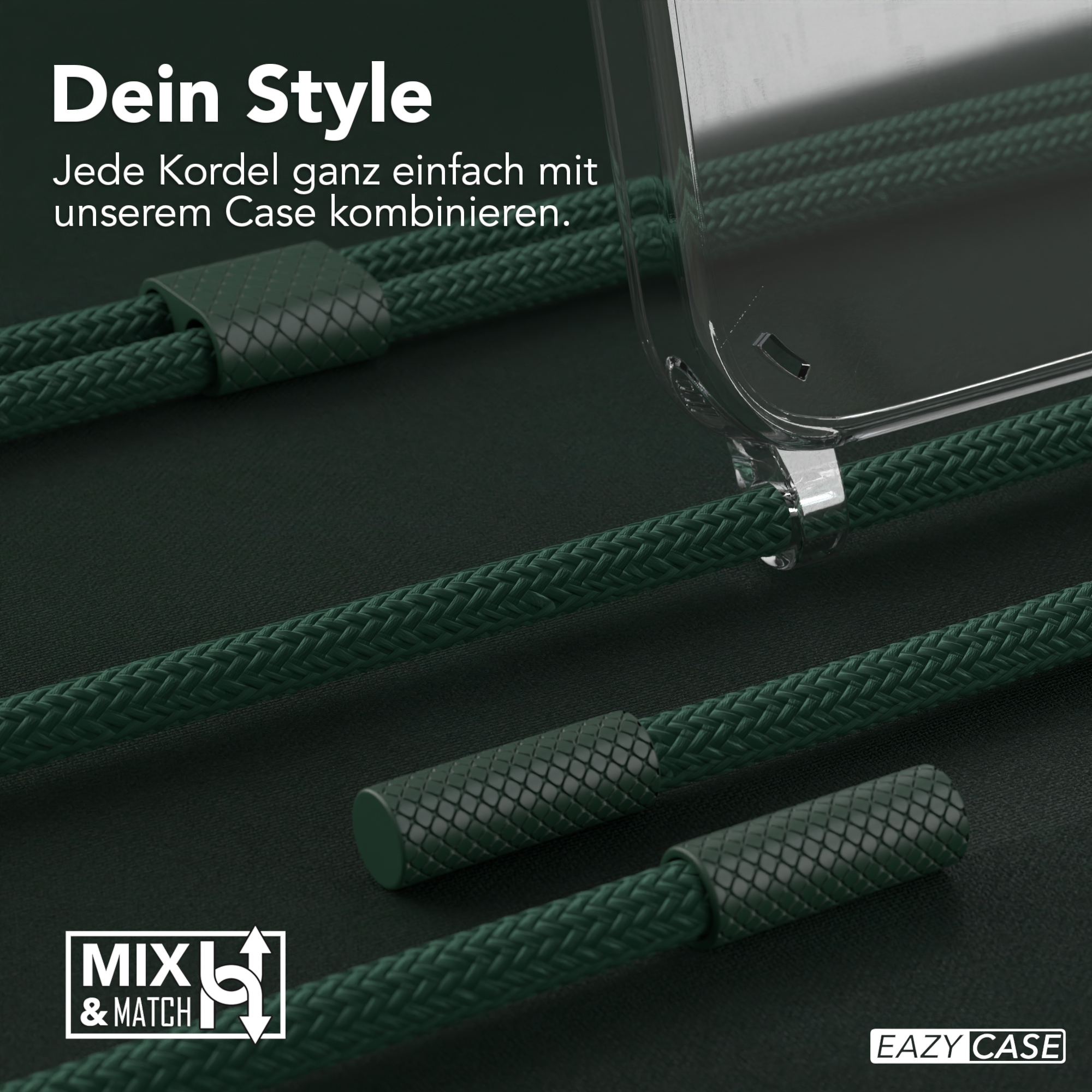 Nahaufnahme von grünen Kordeln und einer transparenten Handyhülle. Text 'Mix & Match' und 'Dein Style' sichtbar.