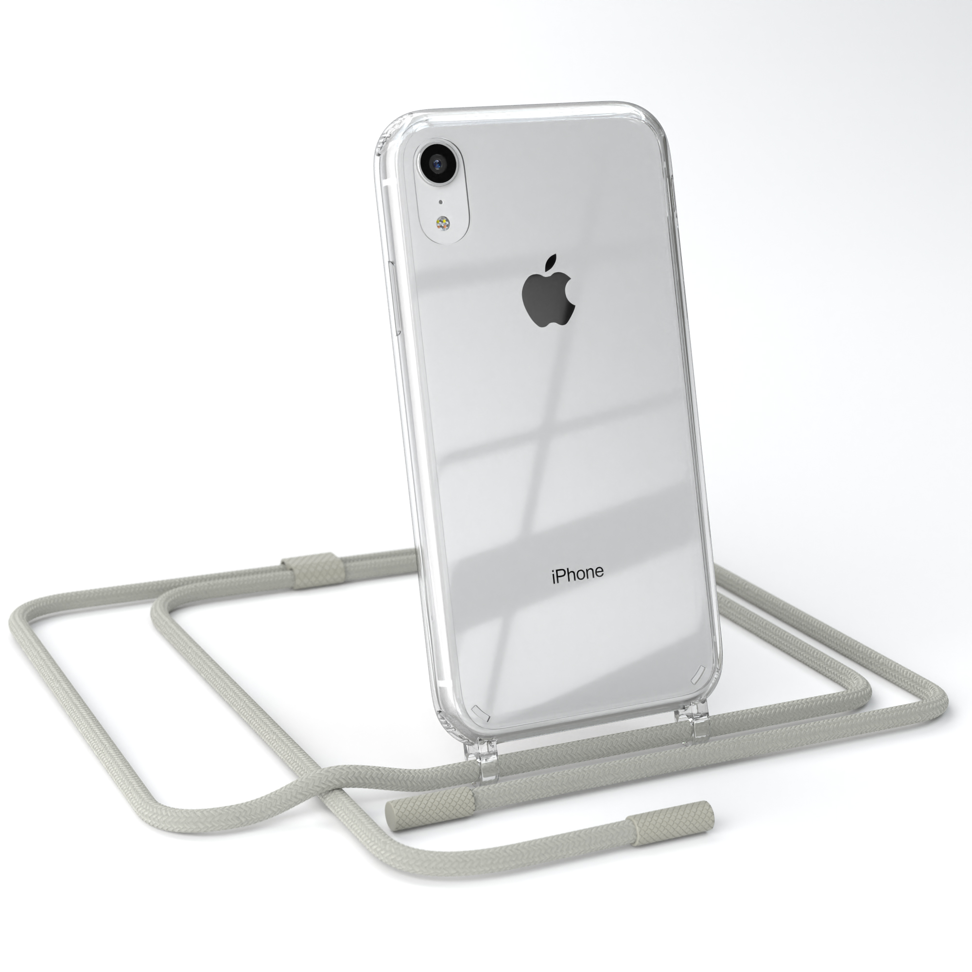Transparente Handyhülle mit grauem Umhängeband, auf einem Telefon. Das Telefon ist weiß.